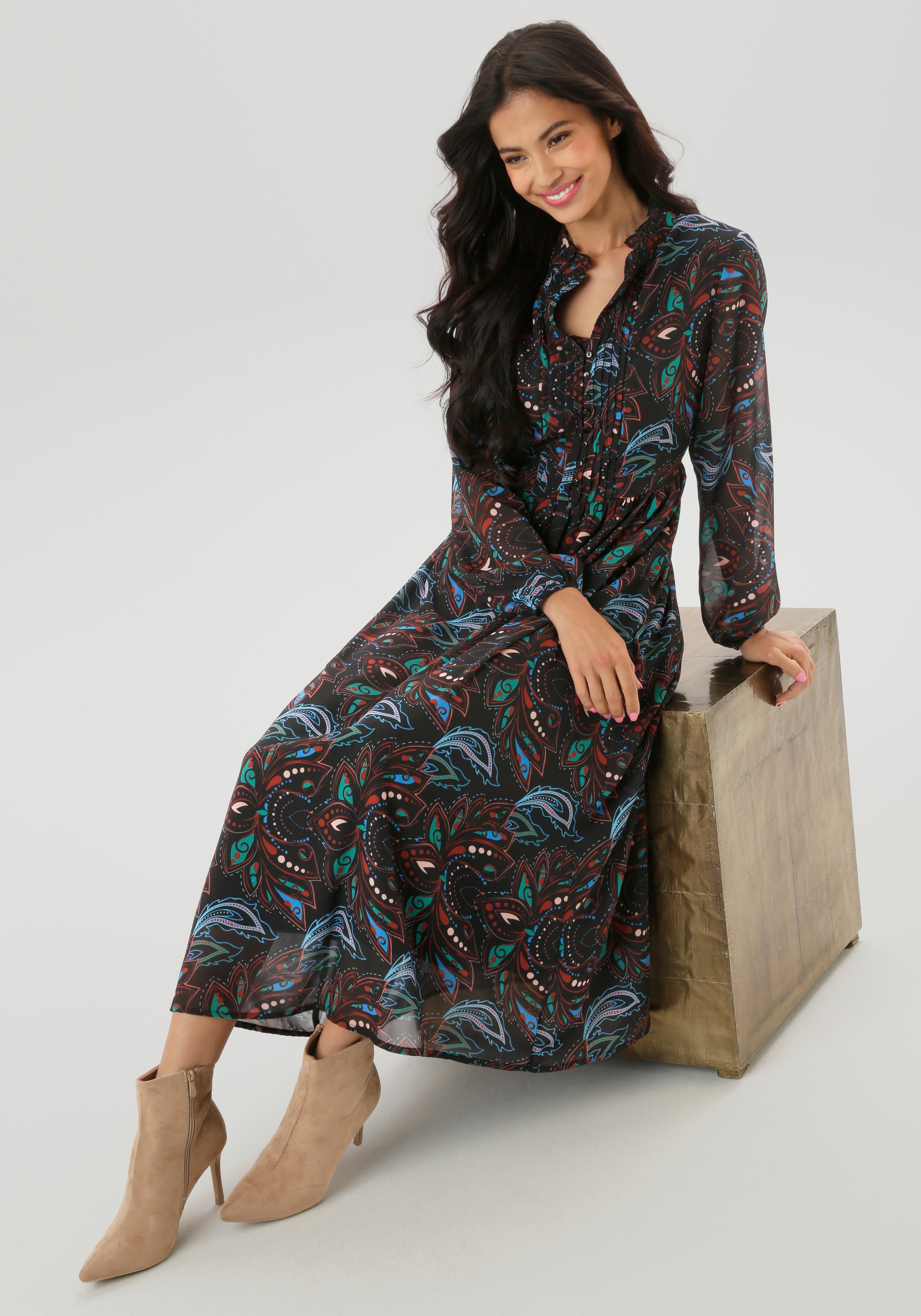 Aniston SELECTED Maxikleid, mit aufwendiger und dekorativer Biesenverarbeitung - NEUE KOLLEKTION