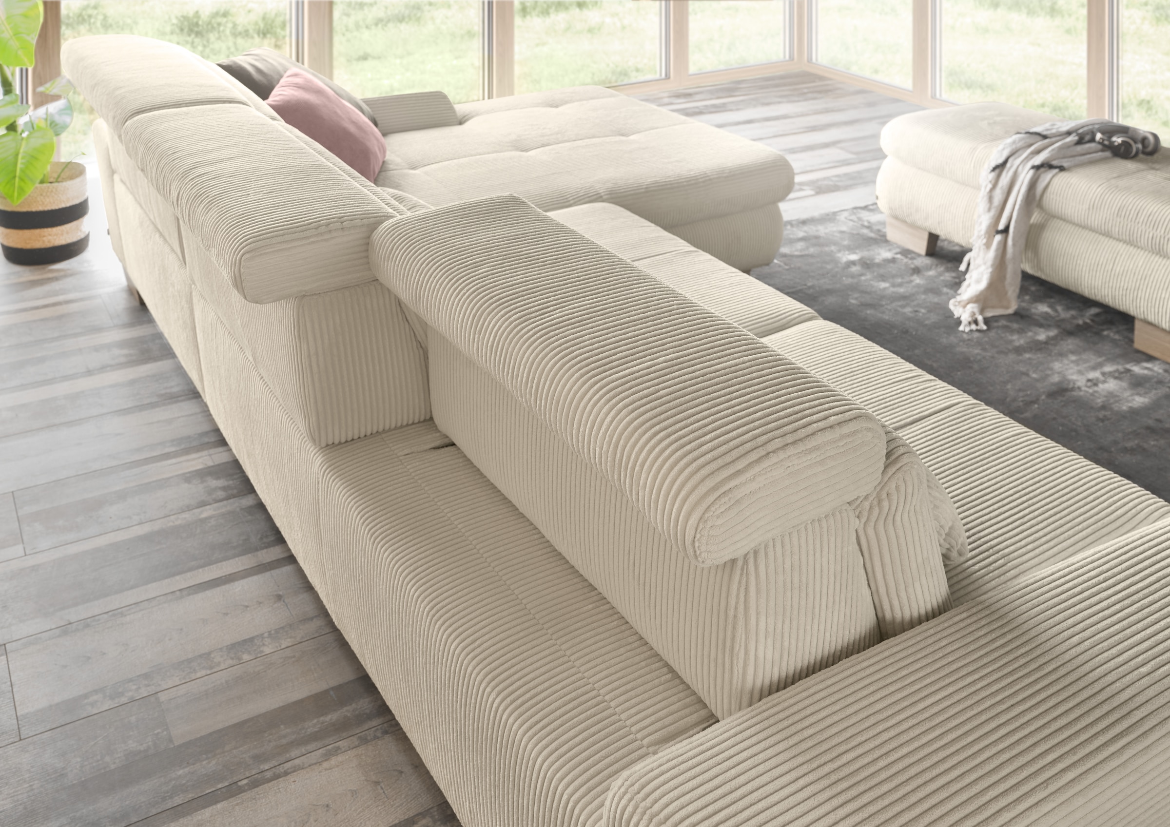 set one by Musterring Ecksofa »SO 3400 Sitzhöhe 47cm oder 49cm, Sitztiefe verstellbar, B/T: 307/195cm«, whlw. mit Funktion, Kaltschaum, in Cord, natur, Sitzhöhe 47
