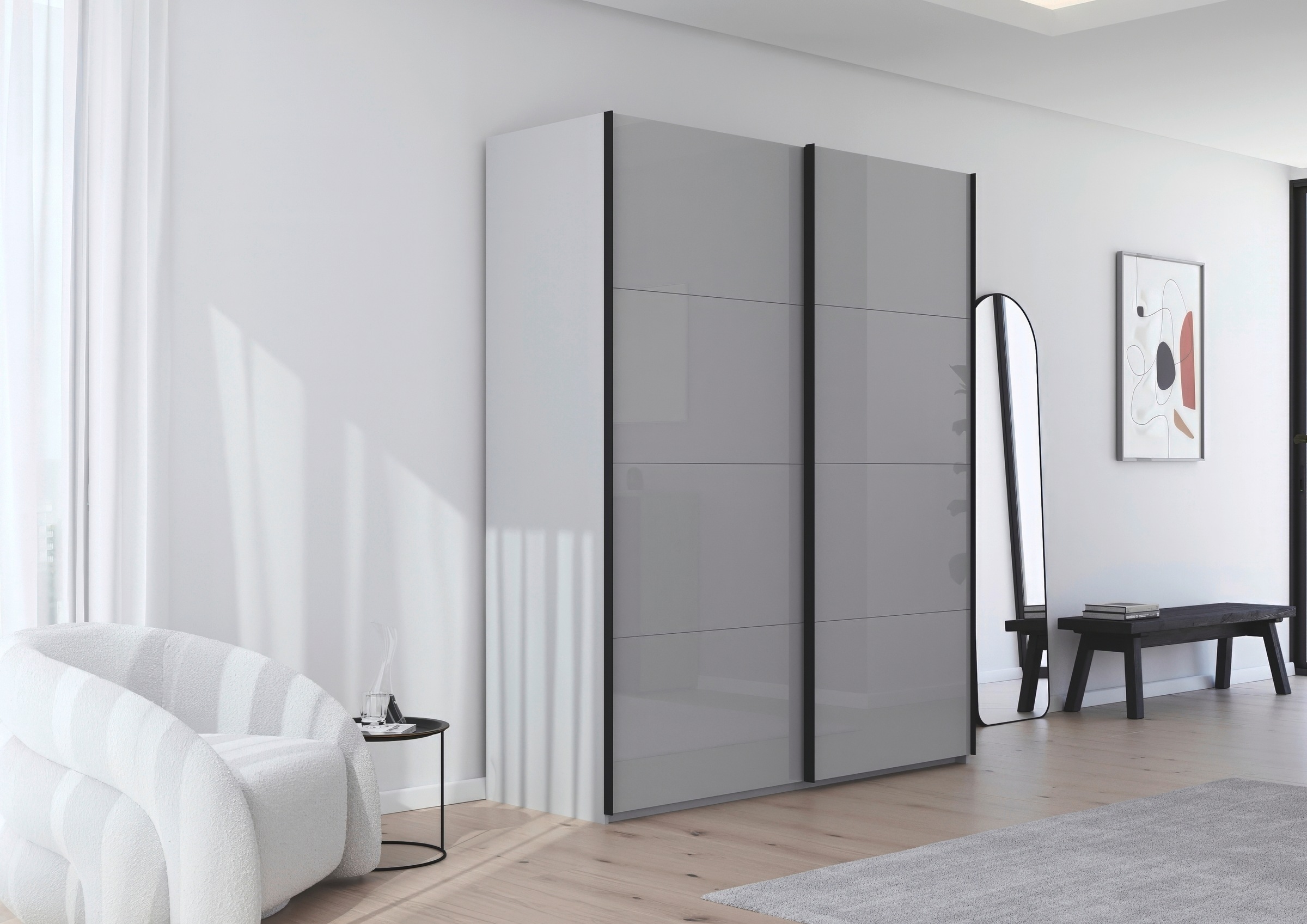 rauch Schwebetürenschrank »Kleiderschrank Schrank Garderobe Schlafzimmerschrank SCALE-FYRA«, edle viergeteilte Türen mit Glas-Front viele Farben MADE IN GERMANY
