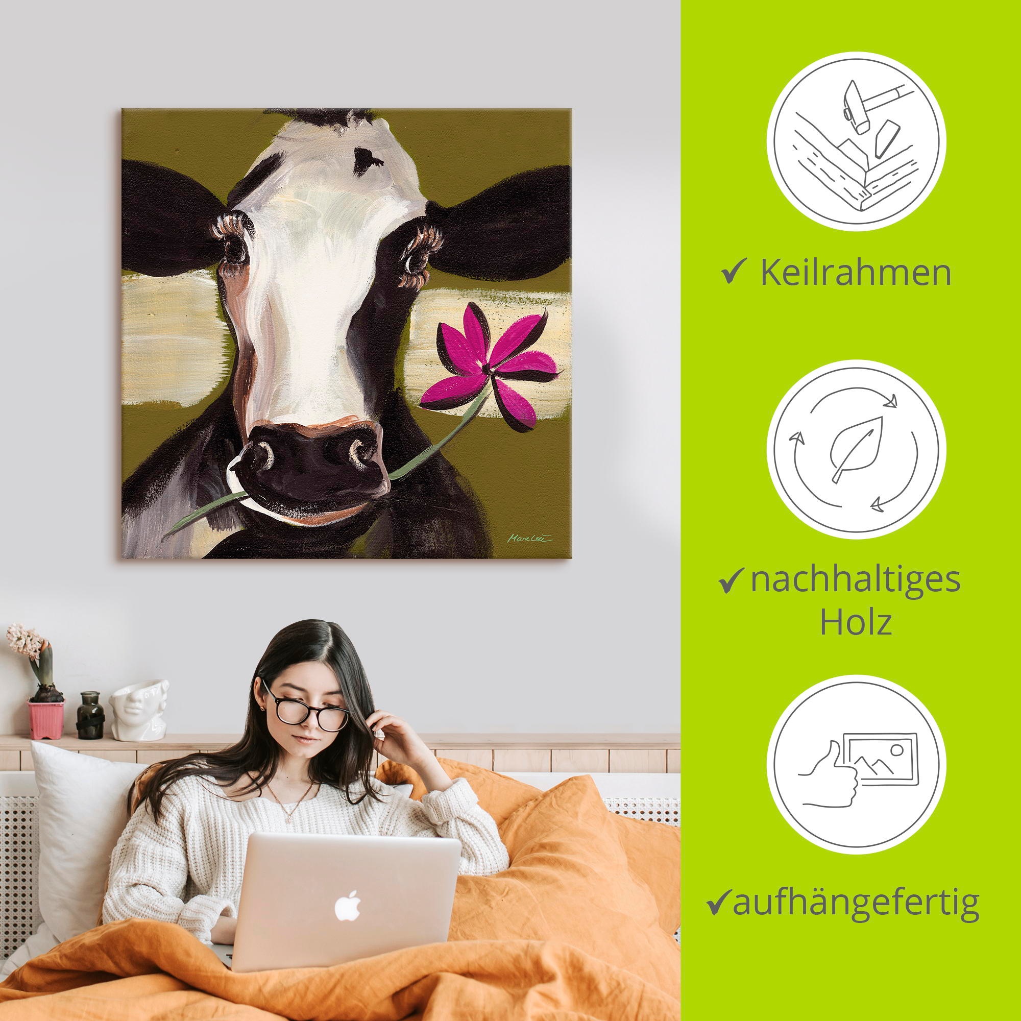 Artland Wandbild »Glückliche Kuh I«, Haustiere, (1 St.), als Leinwandbild, Poster in verschied. Größen