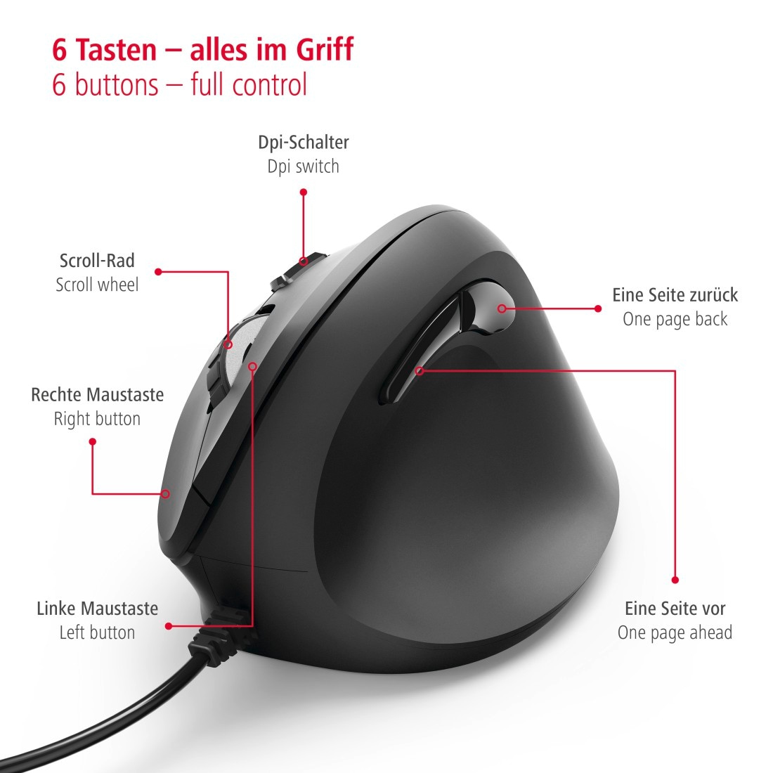 Hama ergonomische Maus »Ergonomische vertikale Maus für PC Laptop, mit Kabel, 1,8 m, Schwarz«, USB-kabelgebunden, Vorbeugung Tennisarm/Mausarm