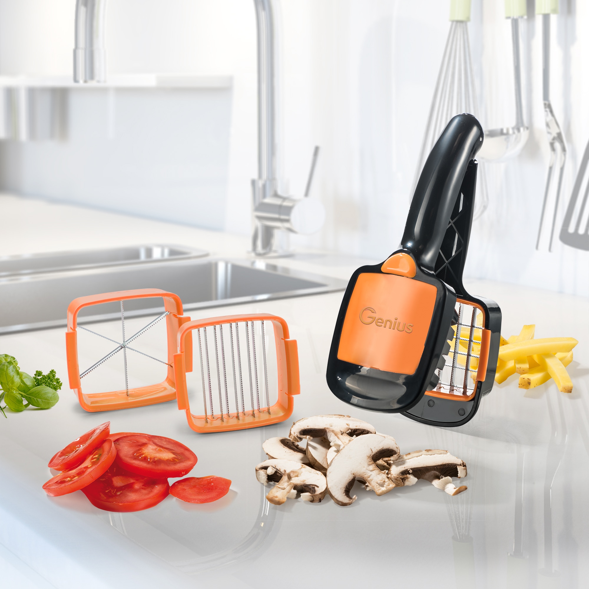 Genius Pfannen-Set »Cerafit Fusion Pfannen inkl. Nicer Dicer Quick, Set 8-tlg«, (Set, 8 tlg., Pfannen, Set 3-tlg., feste Griffe, ND Quick, Set 5-tlg., orange), hochwertig Antihaft-Pfannen mit robuster Keramik-Beschichtung