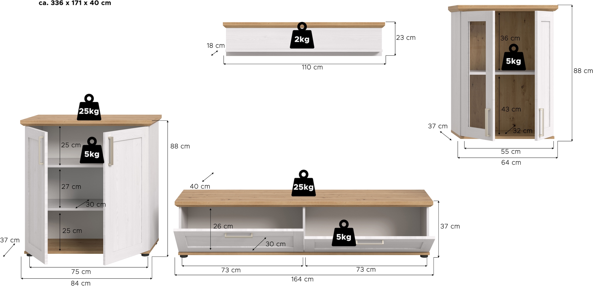 Home affaire Wohnwand »Cosenza«, (Set, 4 St.), Cosenza, Breite: 336 cm,Vitrine,Highboard,Lowboard, Wandboard