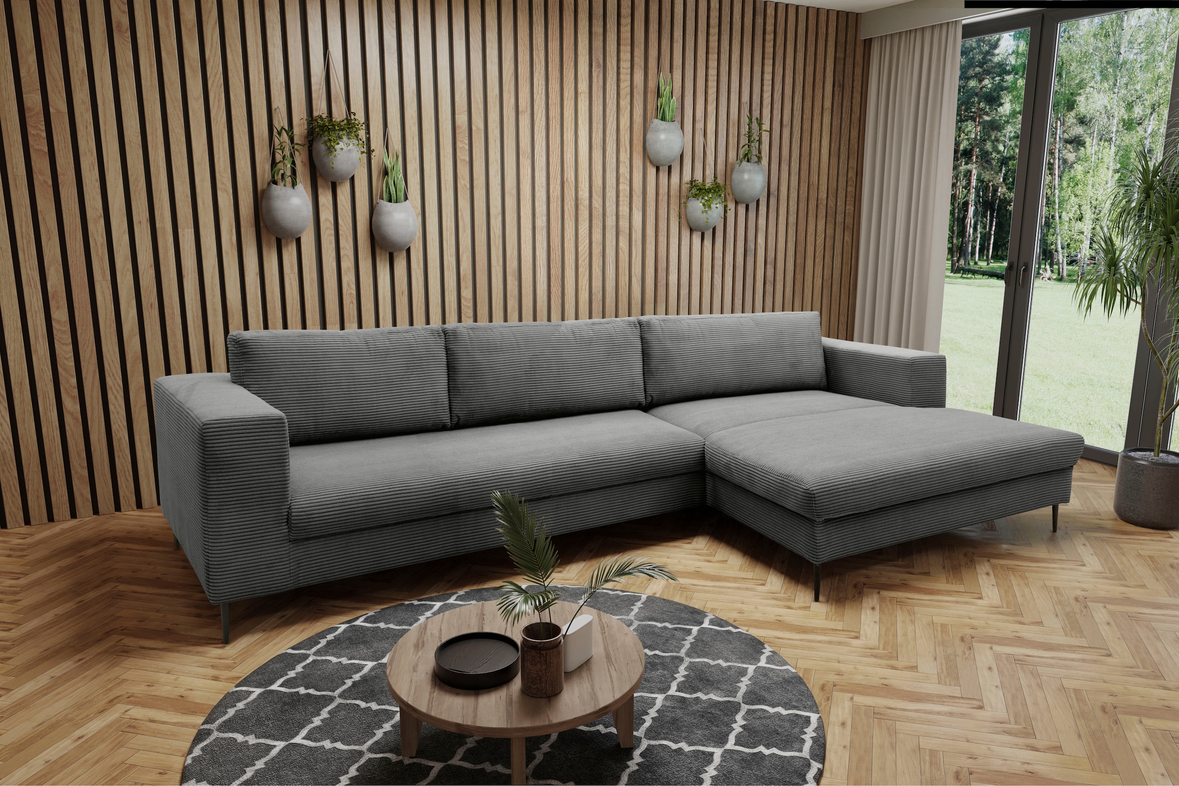 DOMO collection Ecksofa "Modica, zeitlos & elegant, Breite 329cm, hoher Fuß, bequem, L-Form" Auch in Cord, Fußhöhe passend für gängige Saugroboter