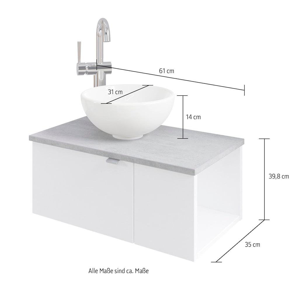 Saphir Waschtisch »Serie 6915 Waschschale mit Unterschrank für Gästebad, Gäste WC«, 61 cm mit Keramik-Aufsatzbecken, 2 Türen und 1 Fach