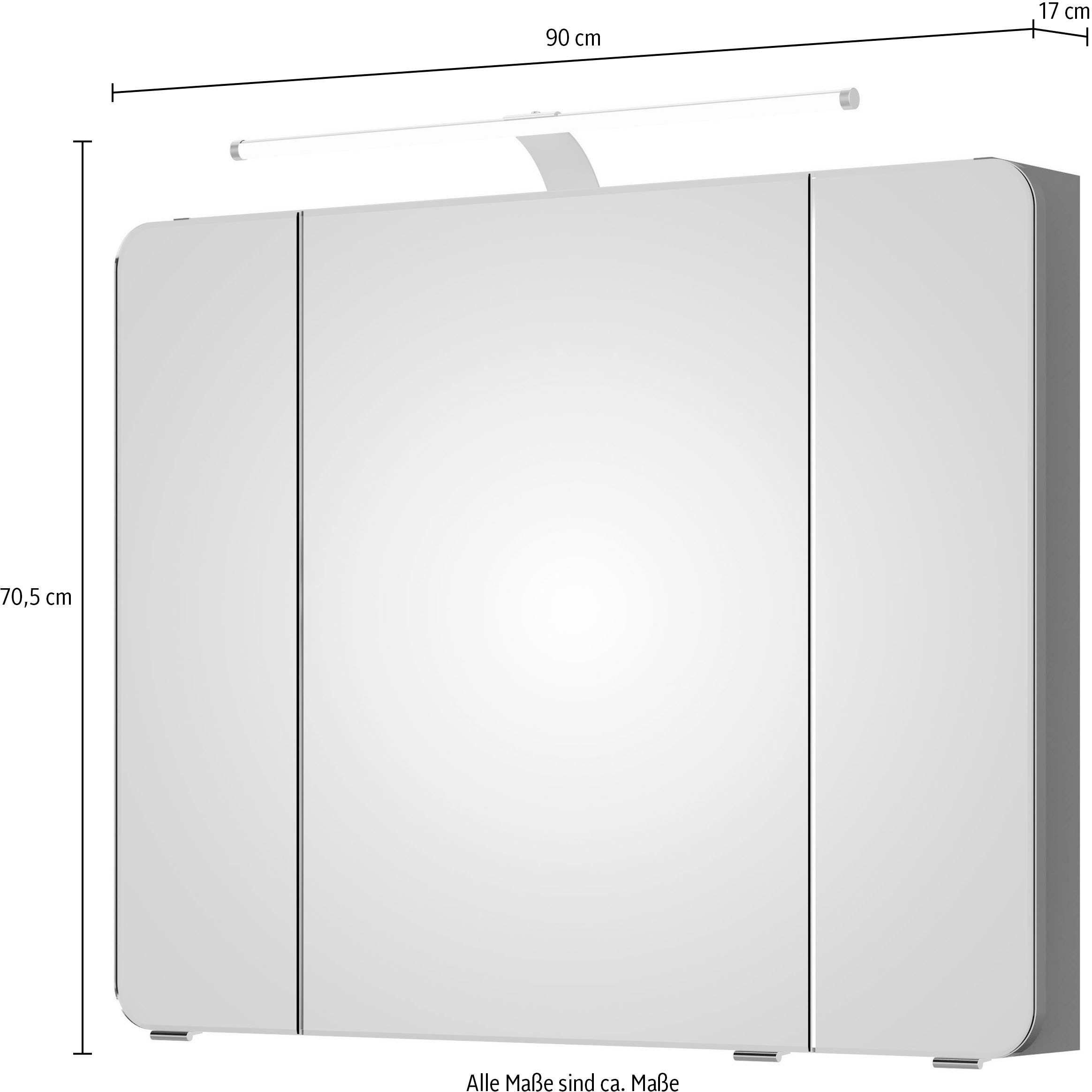Saphir Spiegelschrank »Serie 4005 Badezimmer-Spiegelschrank inkl. LED-Aufsatzleuchte«, Badschrank 90 cm breit, 3 Türen, 6 Glas-Einlegeböden, inkl. Türdämpfer