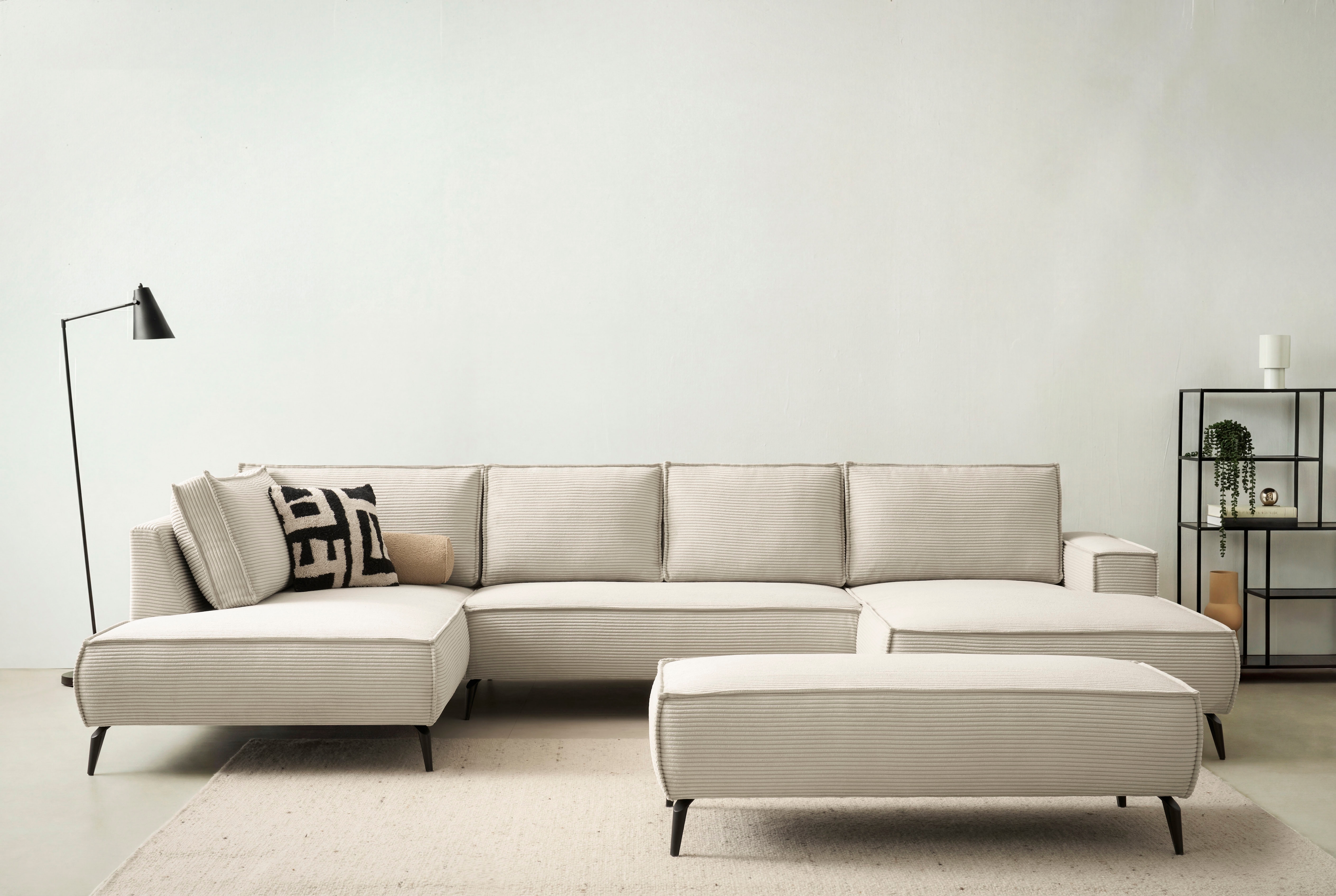 OTTO home Wohnlandschaft "TVINNU Cord, 354 cm, mit Hocker" Recamiere rechts/links, stellbar zum Schlafsofa (Krokodilverbinder)