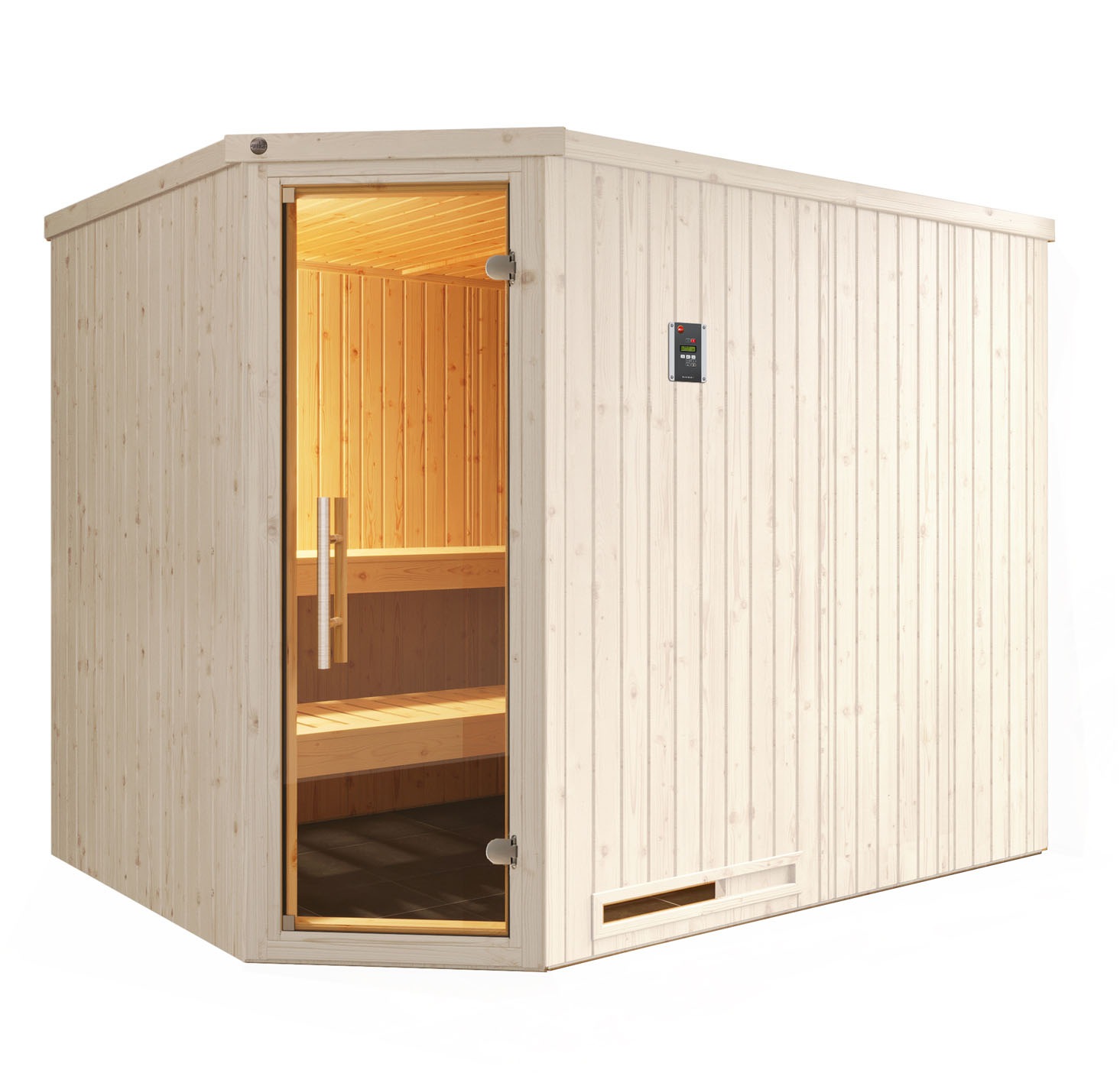 weka Sauna "Element-Ecksauna VARBERG 4", vorgefertigte Elemente, moderne Ganzglastür