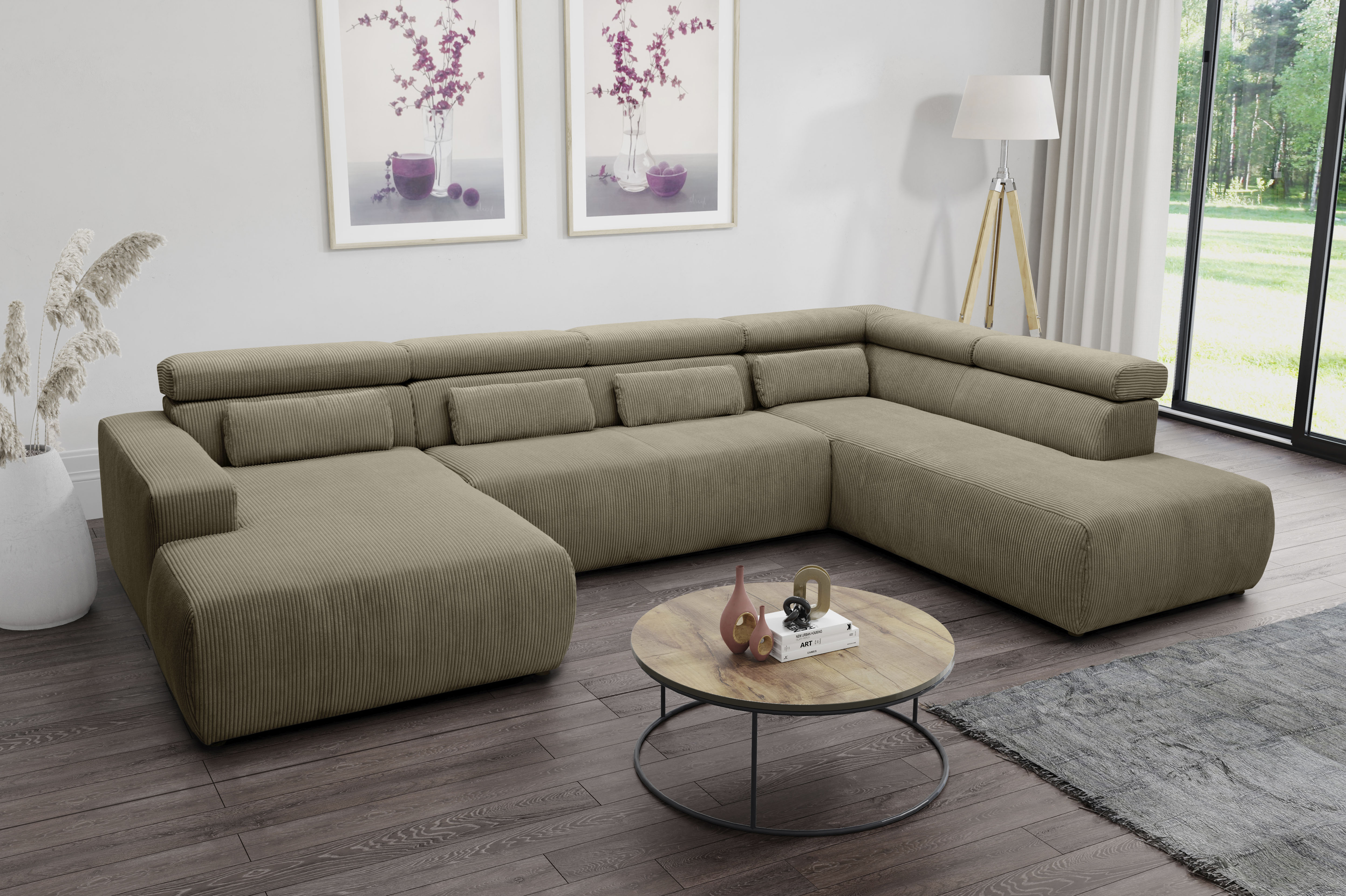 DOMO collection Wohnlandschaft "BRANDON whlw. mit Sitztiefenverstellung, whlw. Nierenkissen" ohne Sitztiefenverstellung, Cord, schlamm