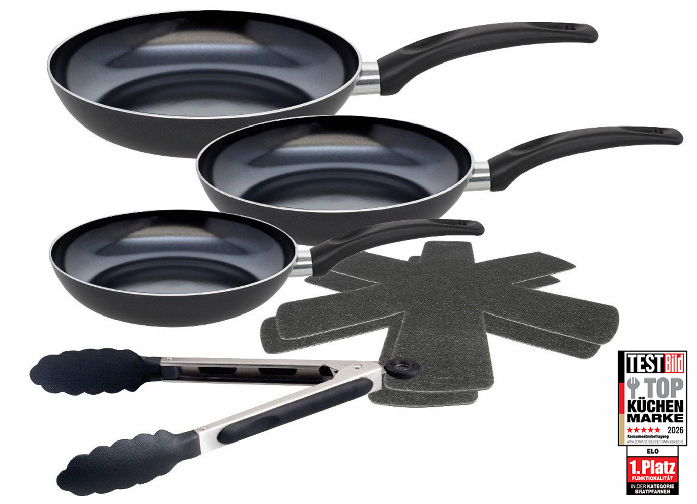 Elo - Meine Küche Pfannen-Set "Prima Cucina 6 teilig" Aluminium Set, 1x Bratpfanne Ø 20/24/28 cm, 1x Grillzange, 2x Stapelschutz, 6 Stk. tlg. Induktion