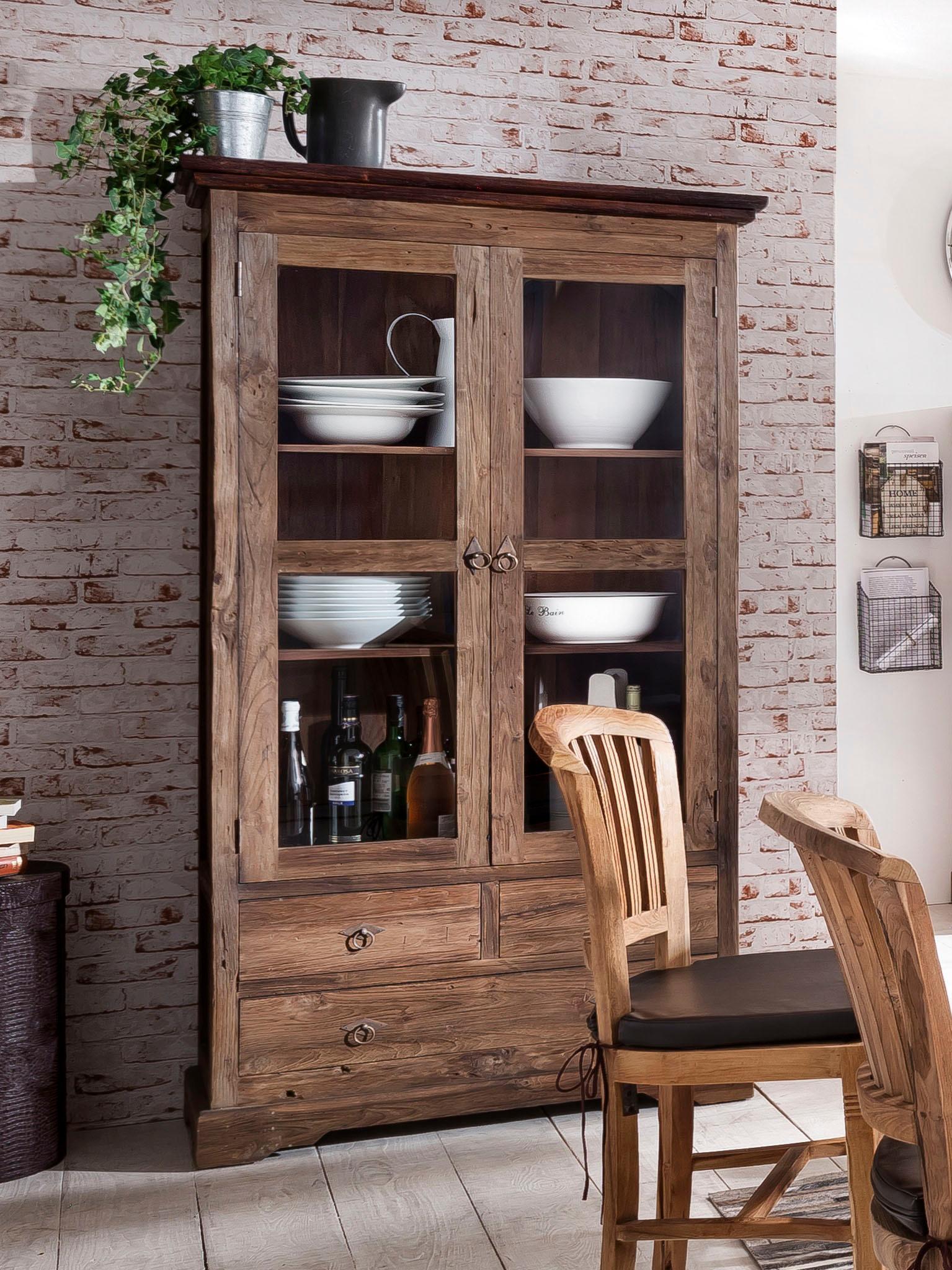 SIT Vitrine "Tartu aus recyceltem Teakholz mit 2 Türen & 3 Schubladen" Massivholz Vitrine mit Glastüren & vielseitigem Stauraum