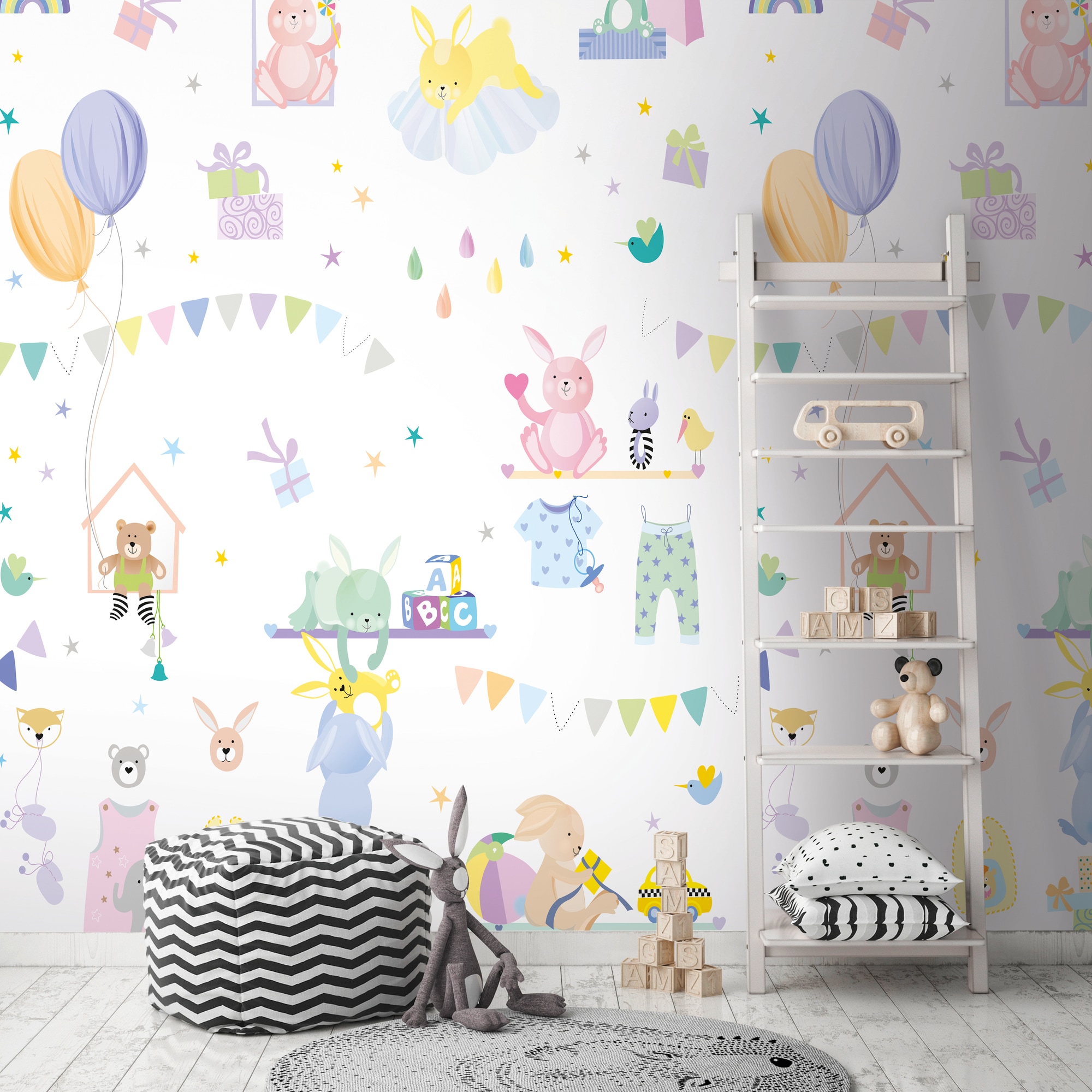 living walls Fototapete »Bunte Kinderzimmertapete mit Spielzeug«, matt, Fototapete Babyzimmer Luftballons Kuscheltiere Tierchen