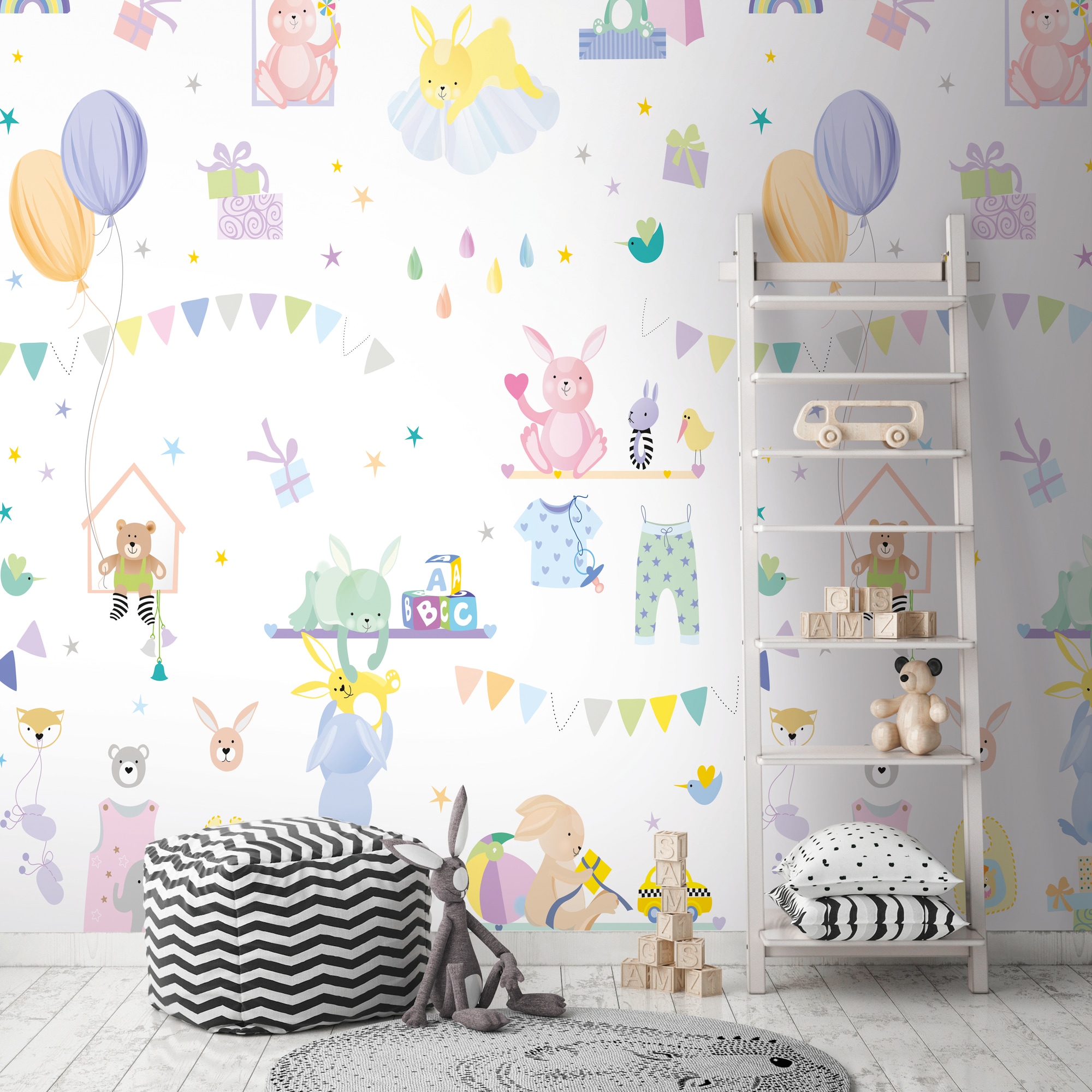 living walls 1100000002199 "Bunte Kinderzimmertapete mit Spielzeug" gemustert matt neutral glatt Fototapete Babyzimmer Luftballons Kuscheltiere Tierchen Tapeten Flur