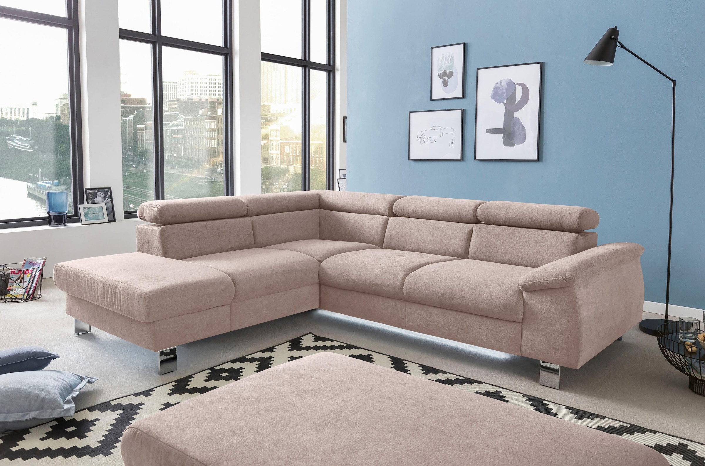 COTTA Ecksofa »Komaris L-Form mit Kopfteilverstellung«, wahlweise mit Bettfunktion, Bettkasten & Beleuchtung