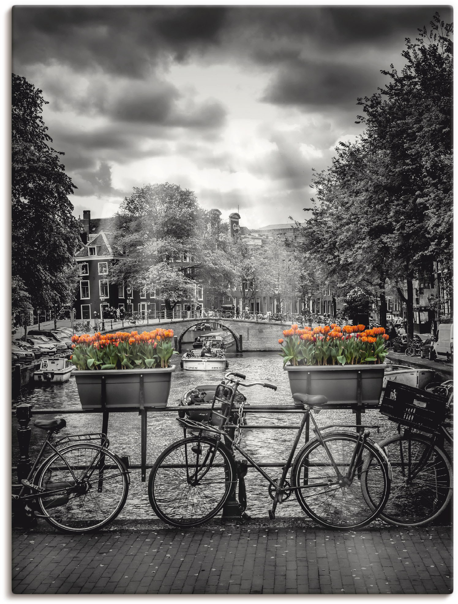 Artland Leinwandbild "Amsterdam Herengracht & Sonnenstrahlen" Fahrräder 1 Stk. tlg. auf Holzrahmen gespannt