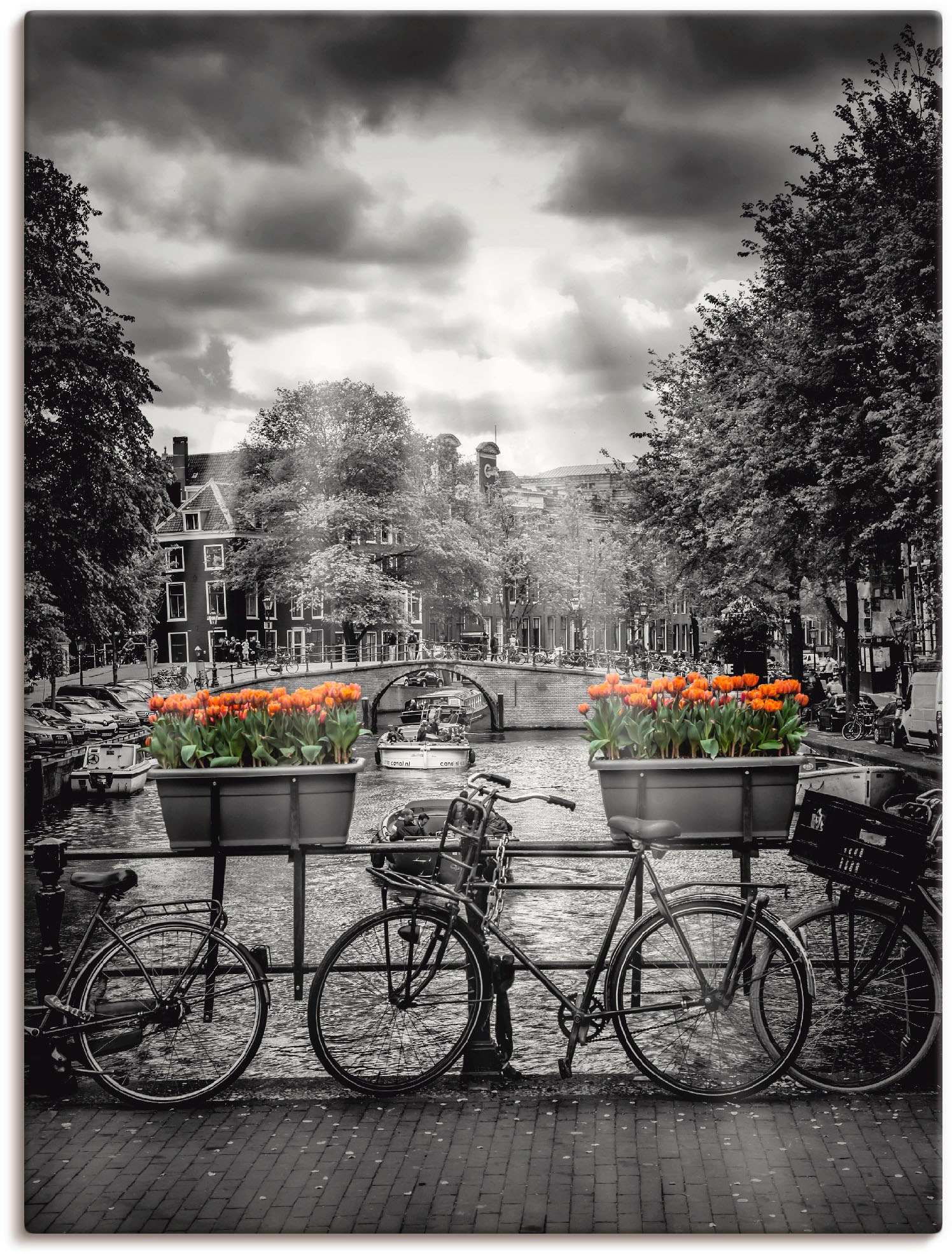 Artland Wandbild "Amsterdam Herengracht & Sonnenstrahlen", Fahrräder, (1 St.), als Leinwandbild, Poster in verschied. Gr