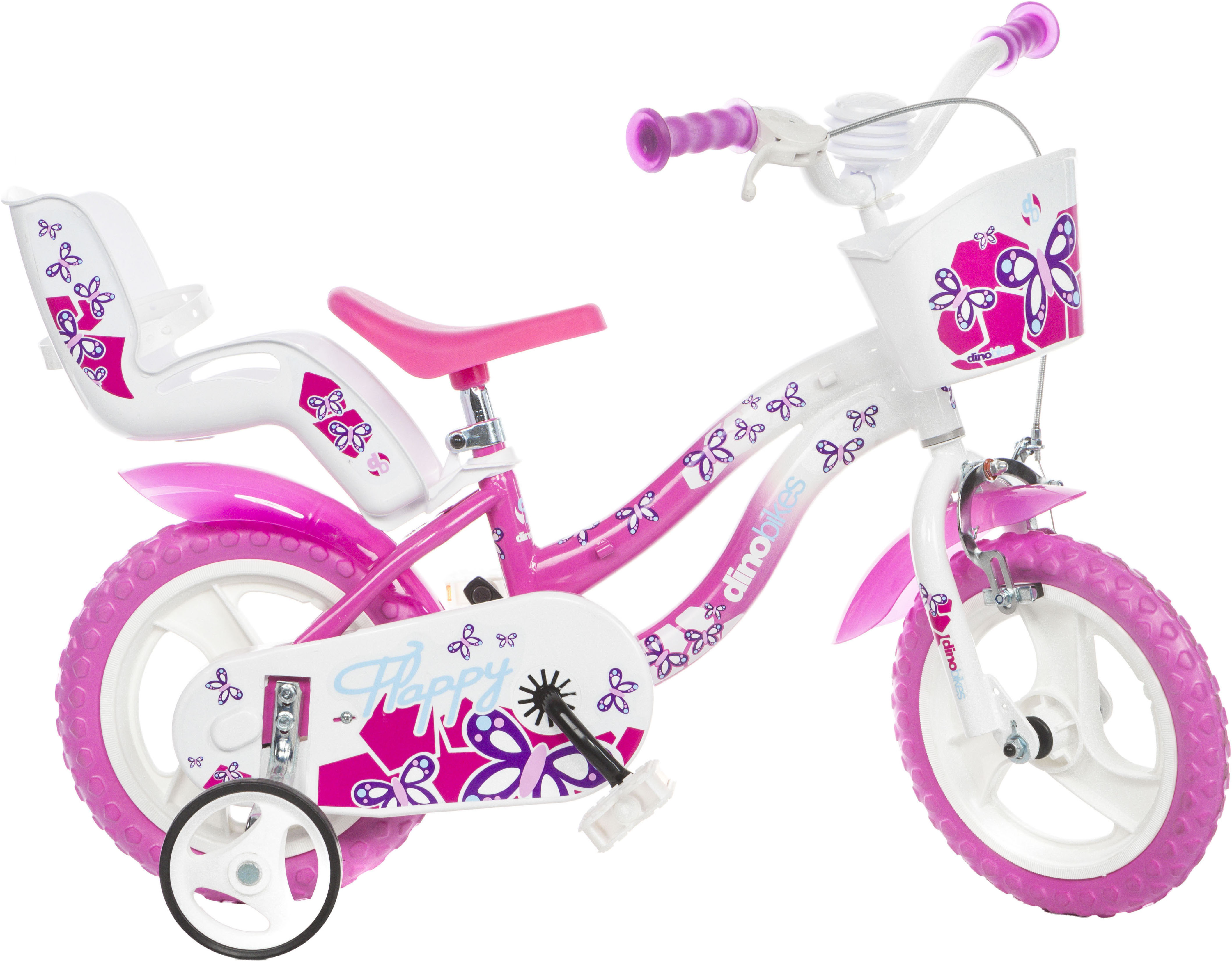Dino Bikes Kinderfahrrad "12" Flappy Kinderfahrrad Mädchen stabiler Stahl-Rahmen Stützräder" 1 Gang mit Stützrädern, Korb und Puppensitz