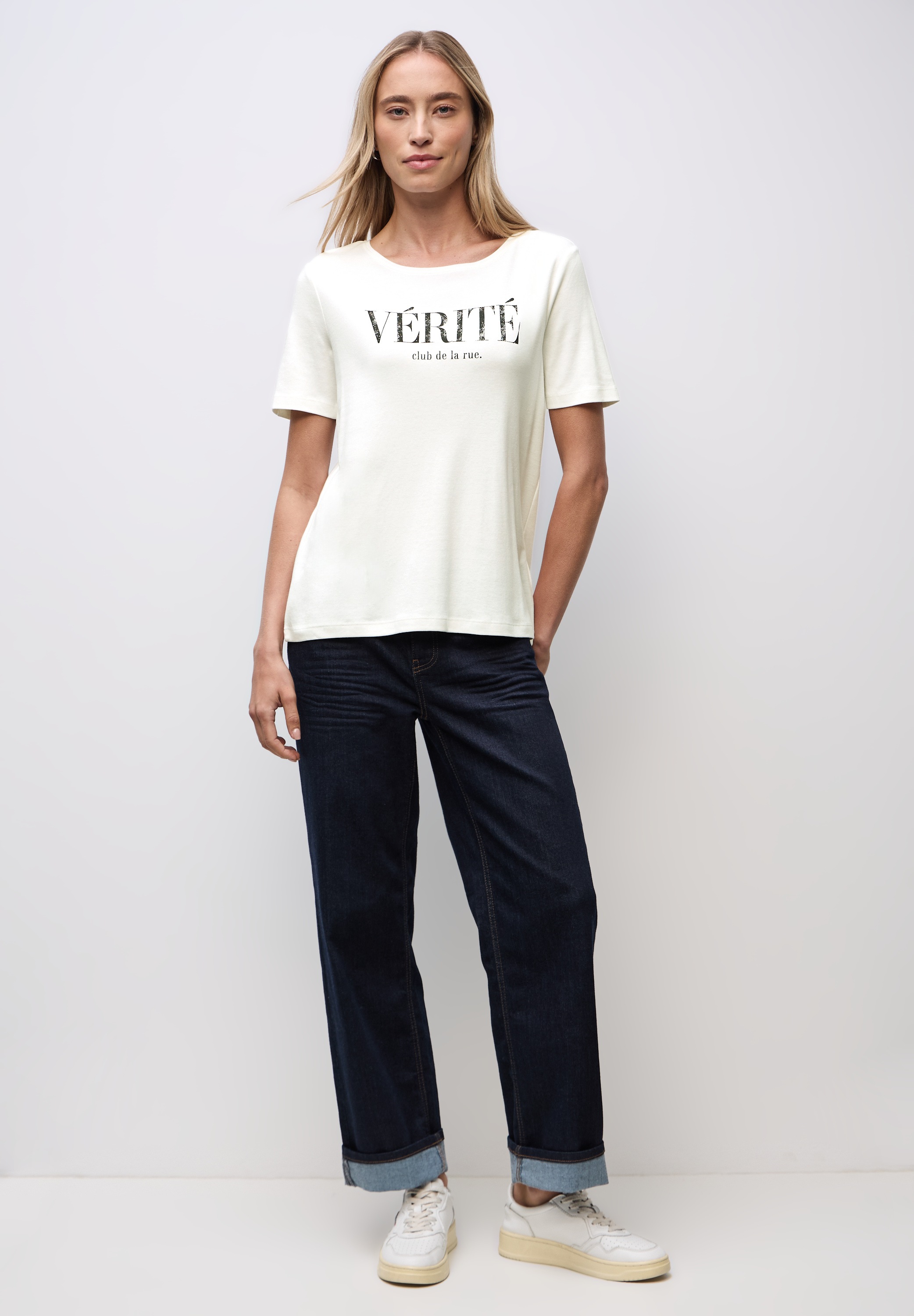 Rundhalsshirt STREET ONE, Damen, Gr. 40, sanftes weiß, Stoff, 50% Modal, 50% Baumwolle, bedruckt, comfort fit normal, Rundhals, abgesteppt, Shirts Rundhalsshirt, im Shirt-Style 3