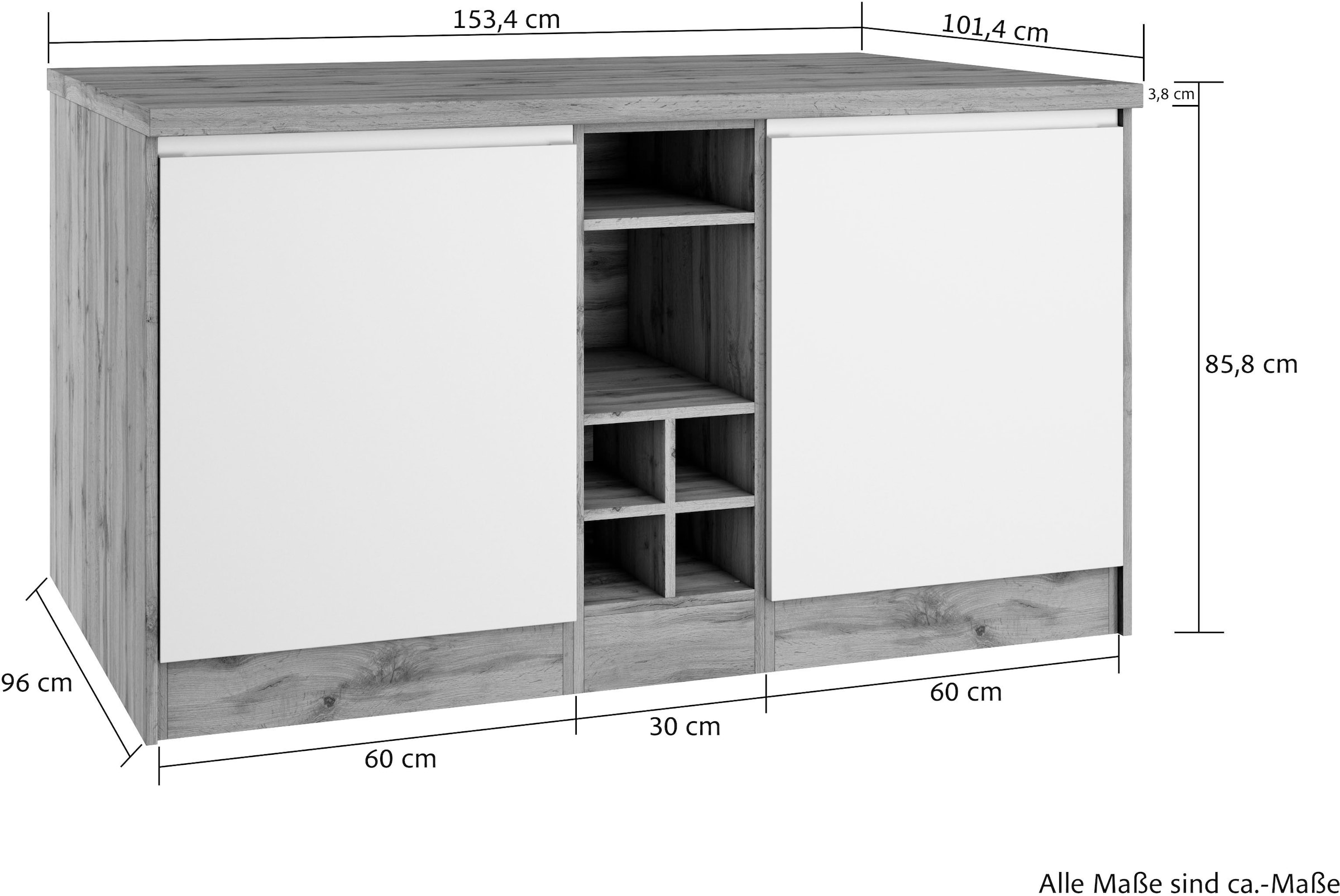 KOCHSTATION Kücheninsel »KS-Bruneck, Breite 153 cm«, MDF-Fronten, Arbeitsplatte 38mm stark