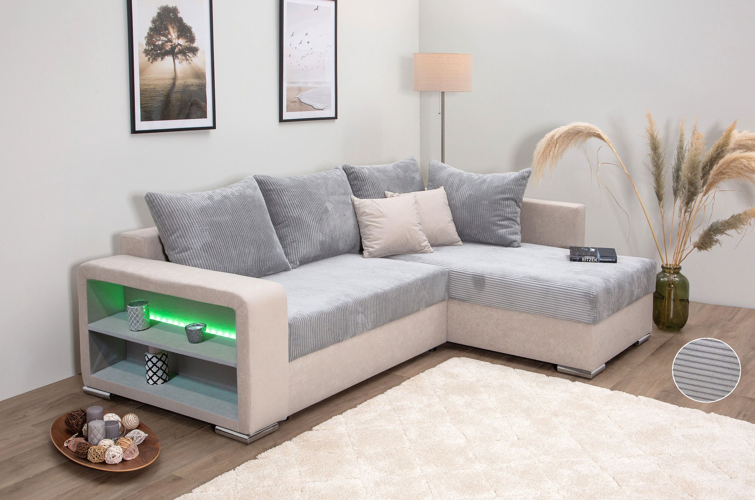 COLLECTION AB Ecksofa »L-Form«, Regalarmlehne mit LED RGB Beleuchtung,Bettfunktion und Bettkasten