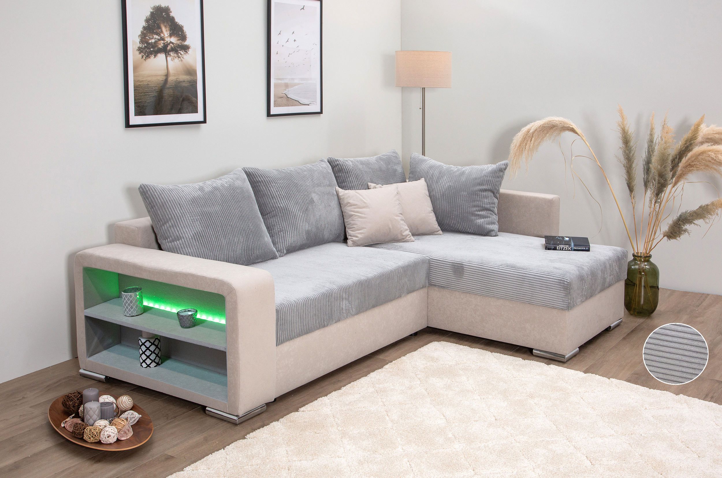 COLLECTION AB "John L-Form, B: 226 cm, Schlaffunktion & Bettkasten" Regalelement mit Licht, Couch mit Federkern, 2 Zierkissen