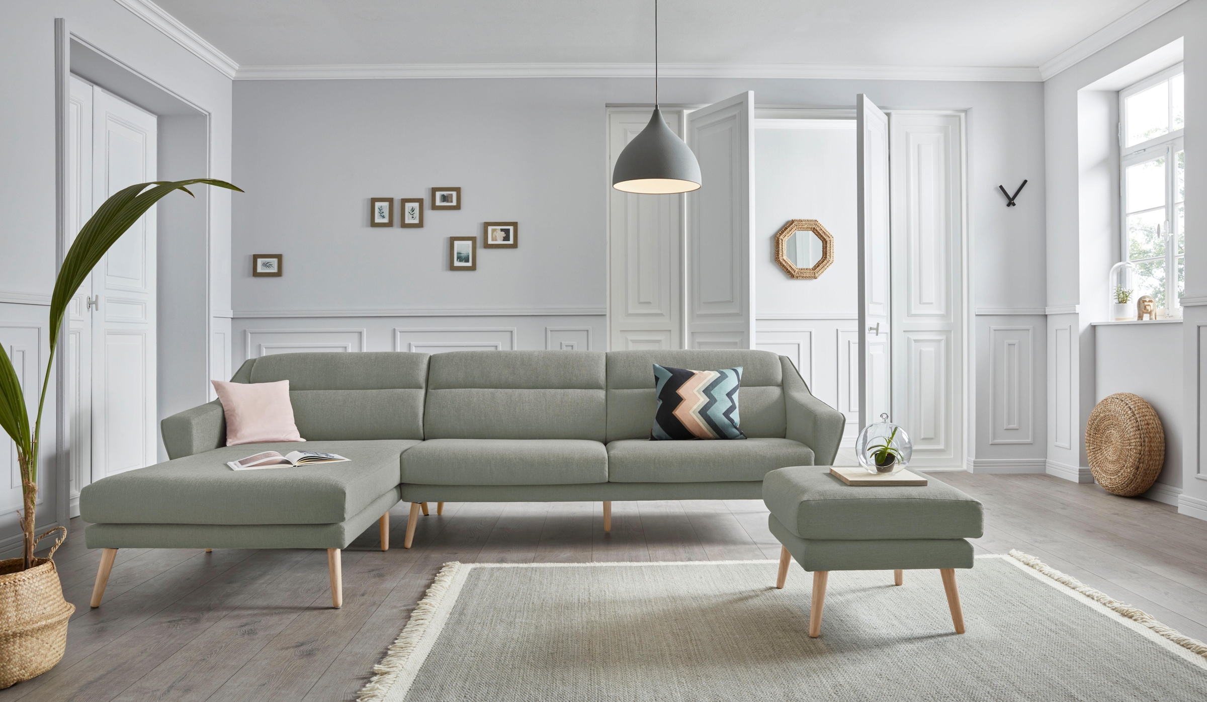 Thumbnail - andas Ecksofa "Bille L-Form", mit Naht im Rückenkissen und Beinen aus Eichenholz