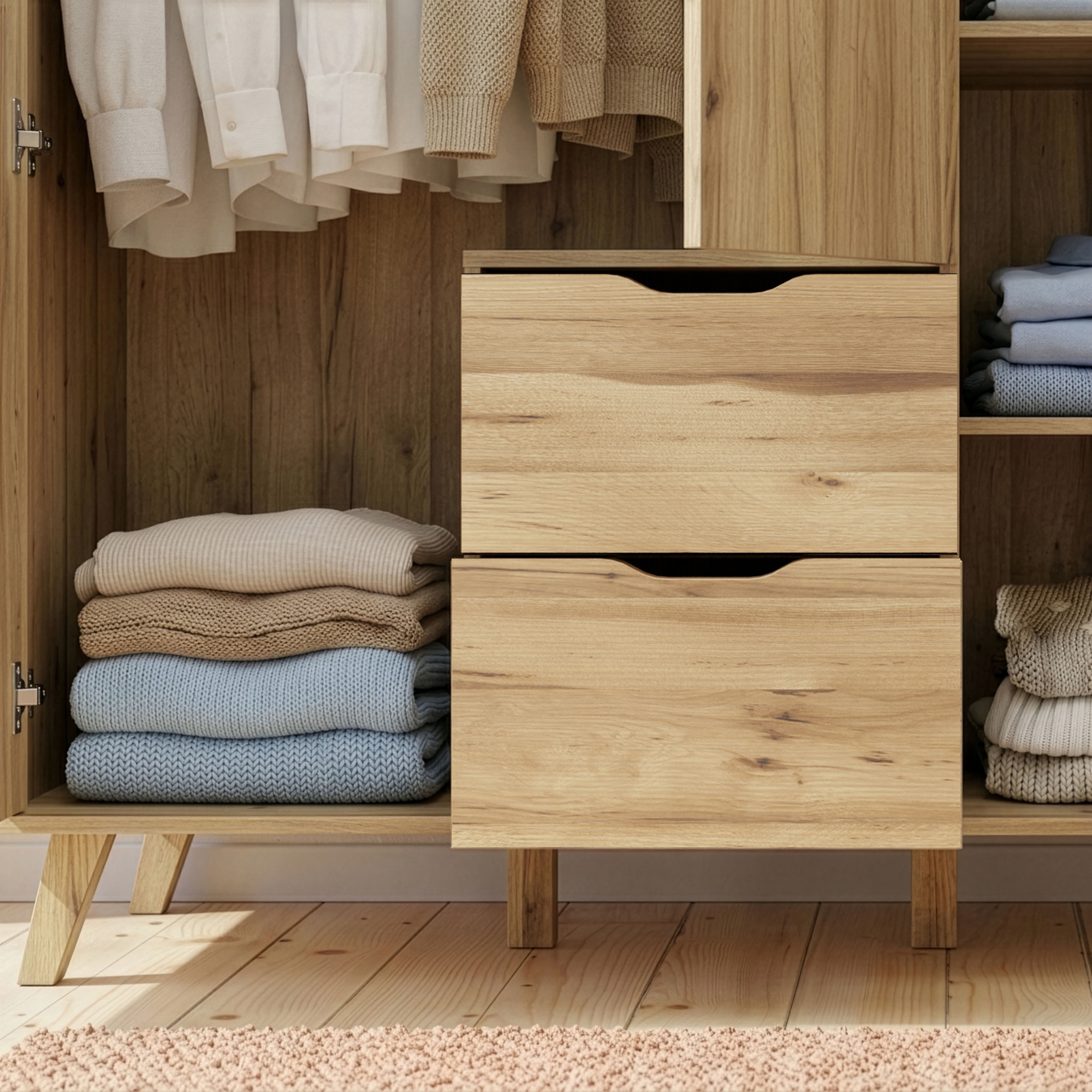 FORTE Drehtürenschrank »Vankka skandinavischer-Stil, viel Stauraum, ohne Griffe« B/H/T ca.140x200x52cm,  Made in Europe, mit Einlegeböden+Kleiderstange+Schubladen,grifflos