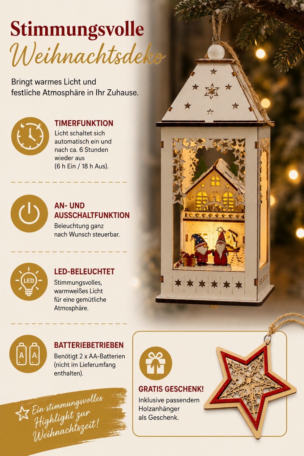 OTTO home Weihnachtsszene »1 Stück, Fensterdeko mit warmer LED-Beleuchtung, weiß« Timerfunktion, zum aufhängen und hinstellen, Höhe ca. 30,5 cm