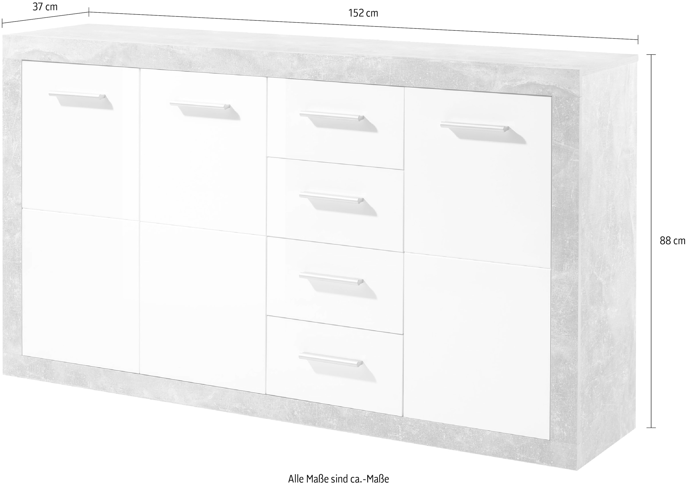 HBZ Kommode »Stone 2 Weiß Glanz, BxHxT 152x88x37 cm«, Kommode mit 3 Türen, 4 Schubkästen, 2 Einlegeböden