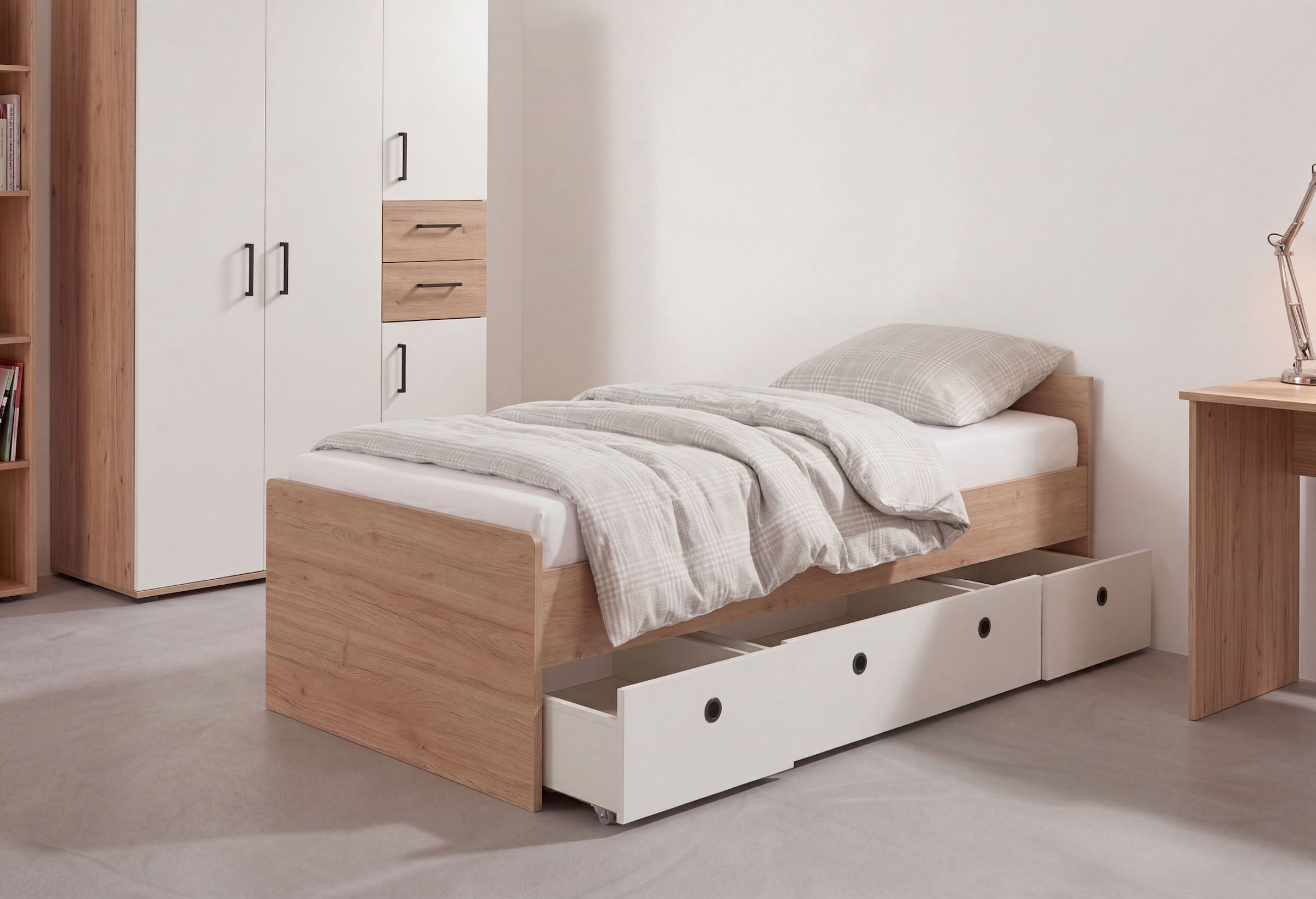 arthur berndt Jugendzimmer-Set »Jugendzimmer-Set »Bente« 5-teilig« 2tlg, 3tlg, 5tlg -Schrank, Bett, Schreibtisch, Sideboard, Standregal, 3 tlg. Artisan Oak Nb/Weiß