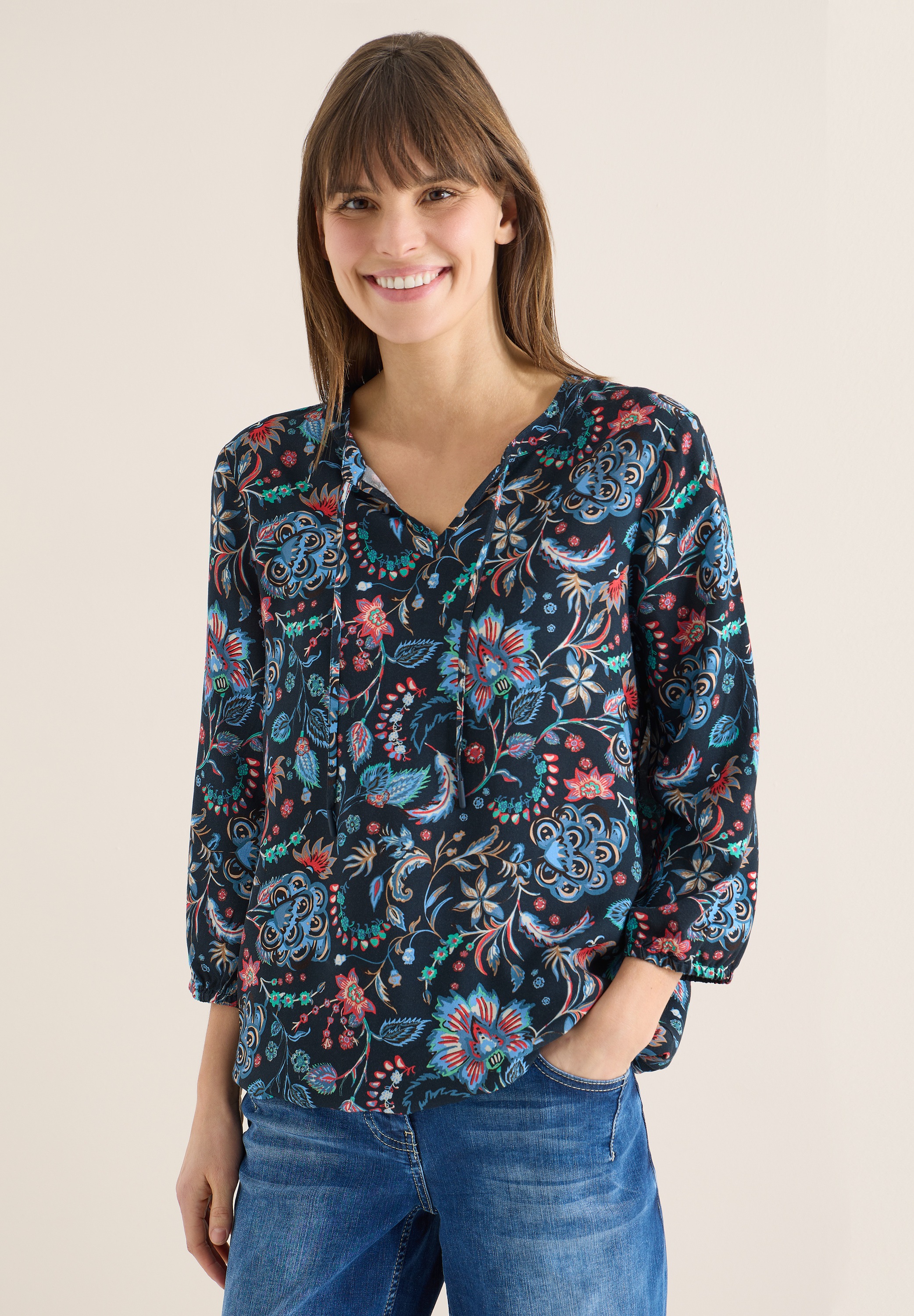 Cecil Klassische Bluse mit geschlitztem Rundhalsausschnitt mit Bändchen günstig online kaufen