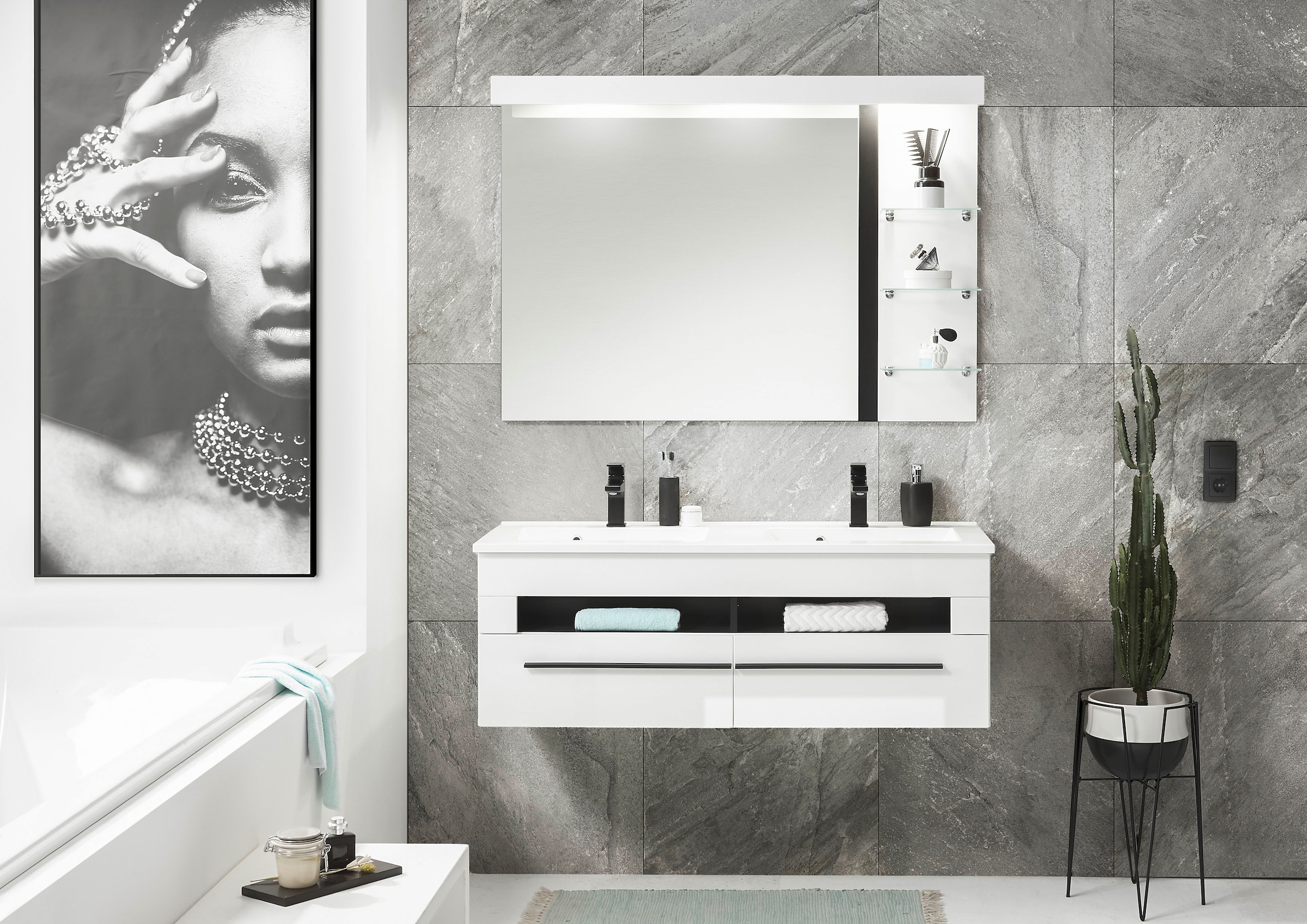 INOSIGN Badmöbel-Set »Cantara, Bad im modernen Design, 2-teiliges Badezimmer«, (Set, 2 St.), Waschtisch und Spiegel, in Weiß Hochglanz, viel Stauraum