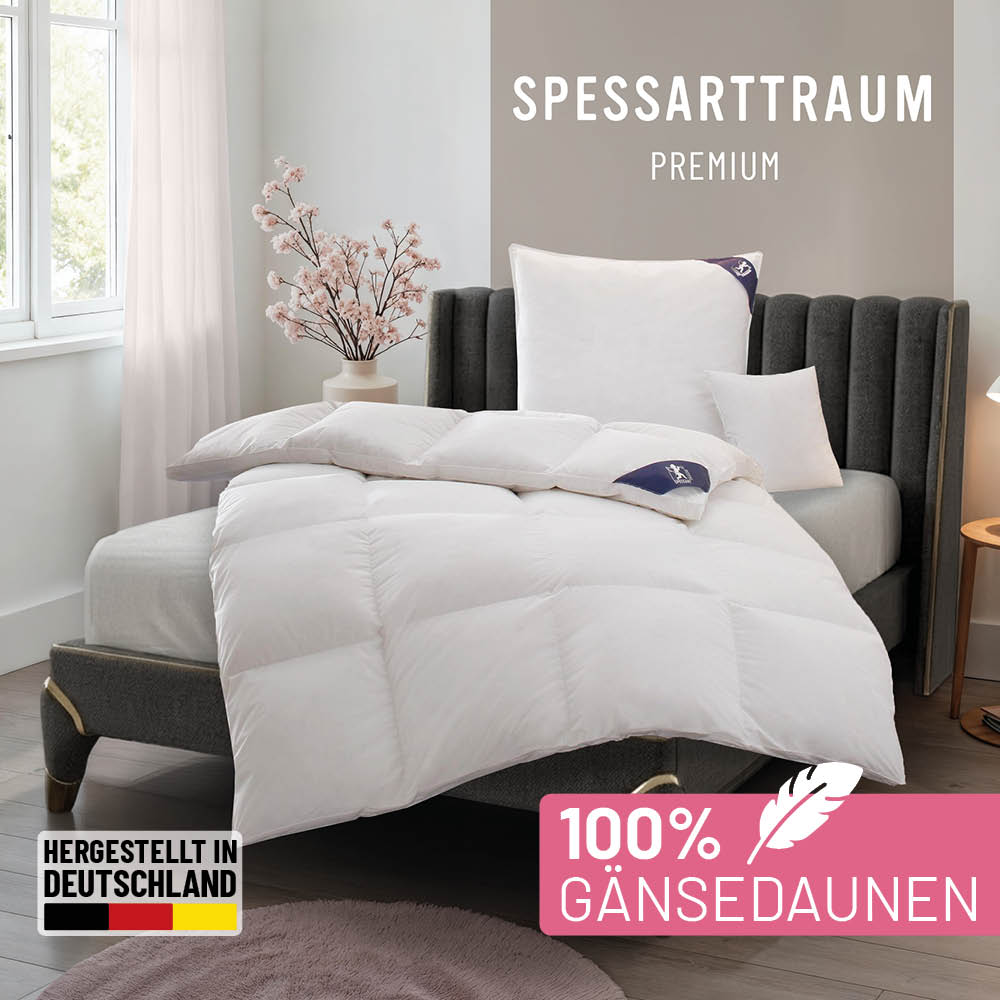 SPESSARTTRAUM Gänsedaunenbettdecke "Premium****, hergestellt in Deutschland, Bettdecken für Sommer, Winter" polarwarm Füllung 100% Gänsedaunen, Klasse 1, Downpass zertifiziert 1 Stk. tlg. 4 Wärmeklassen & 5 Größen, Bestseller
