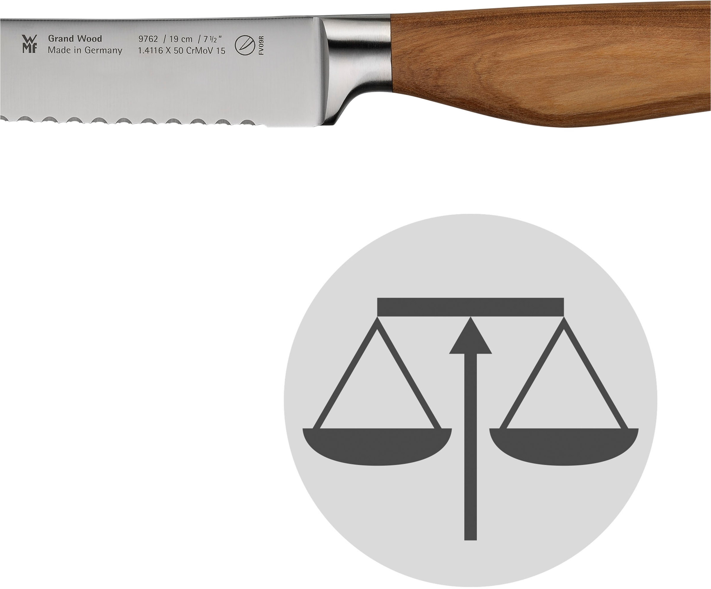 WMF Brotmesser »Grand Wood«, (1 tlg.), 19 cm, Olivenholzgriff, handgeschmiedeter Spezialklingenstahl