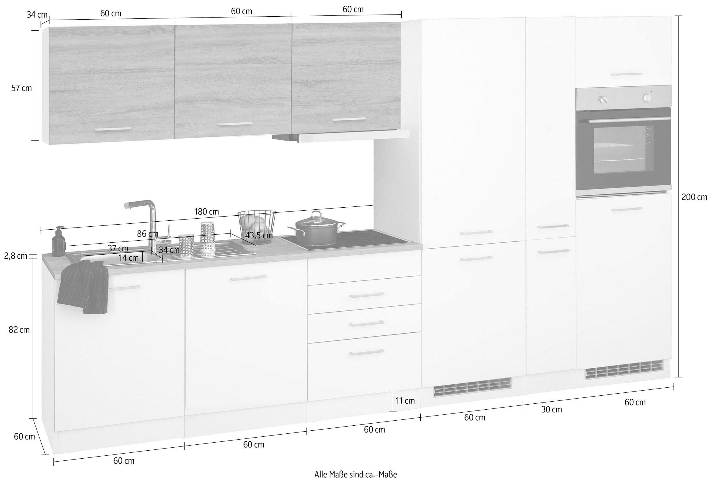 KOCHSTATION Küchenzeile »KS-Visby«, mit E-Geräten, 330 cm,inkl. Kühl/Gefrierkombination und Geschirrspüler