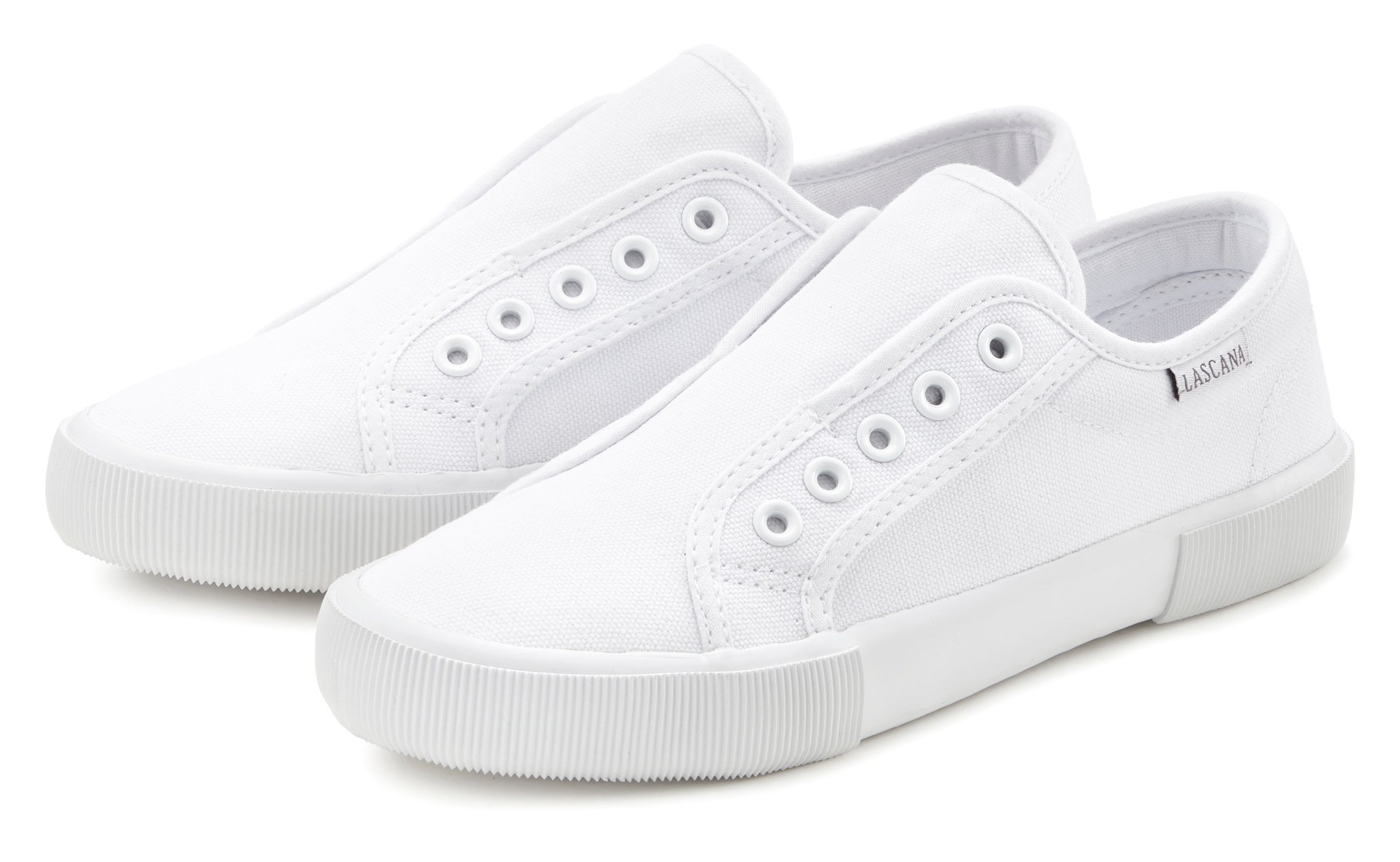 Sneaker LASCANA "Slip-On-Sneaker", Damen, Gr. 35, weiß, Obermaterial: 100% Textilmaterial. Decksohle: 100% Textilmaterial. Futter: 100% Textilmaterial. Laufsohle: 100% Synthetik, unifarben, Basic, Schuhe Damenschuh Skaterschuh Sneaker low Slip-on-Sneaker 