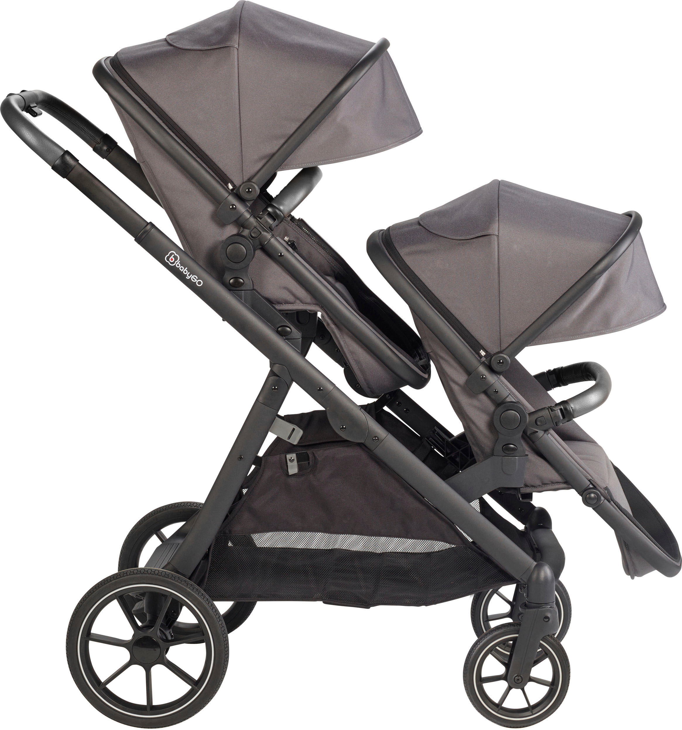 BabyGo Zwillings-Kombikinderwagen »Duo Mega Set, grau«, inkl. 2 Babyschalen mit Adapter, Wickeltasche u. 2 Regenhauben