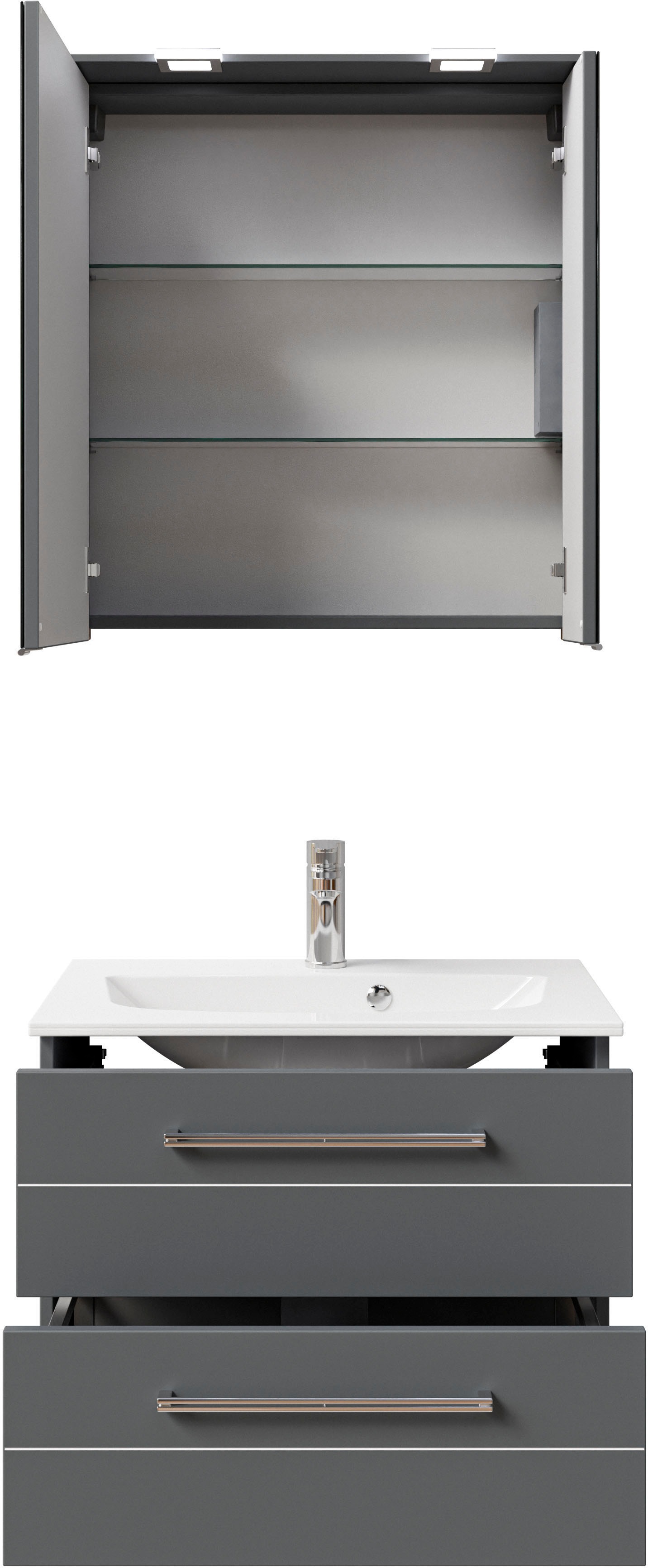 Thumbnail - Saphir Badmöbel-Set "Serie 6025 2-teilig Mineralmarmor-Waschtisch mit LED-Spiegelschrank" 2 Stk. tlg. Waschplatz 67 cm b...