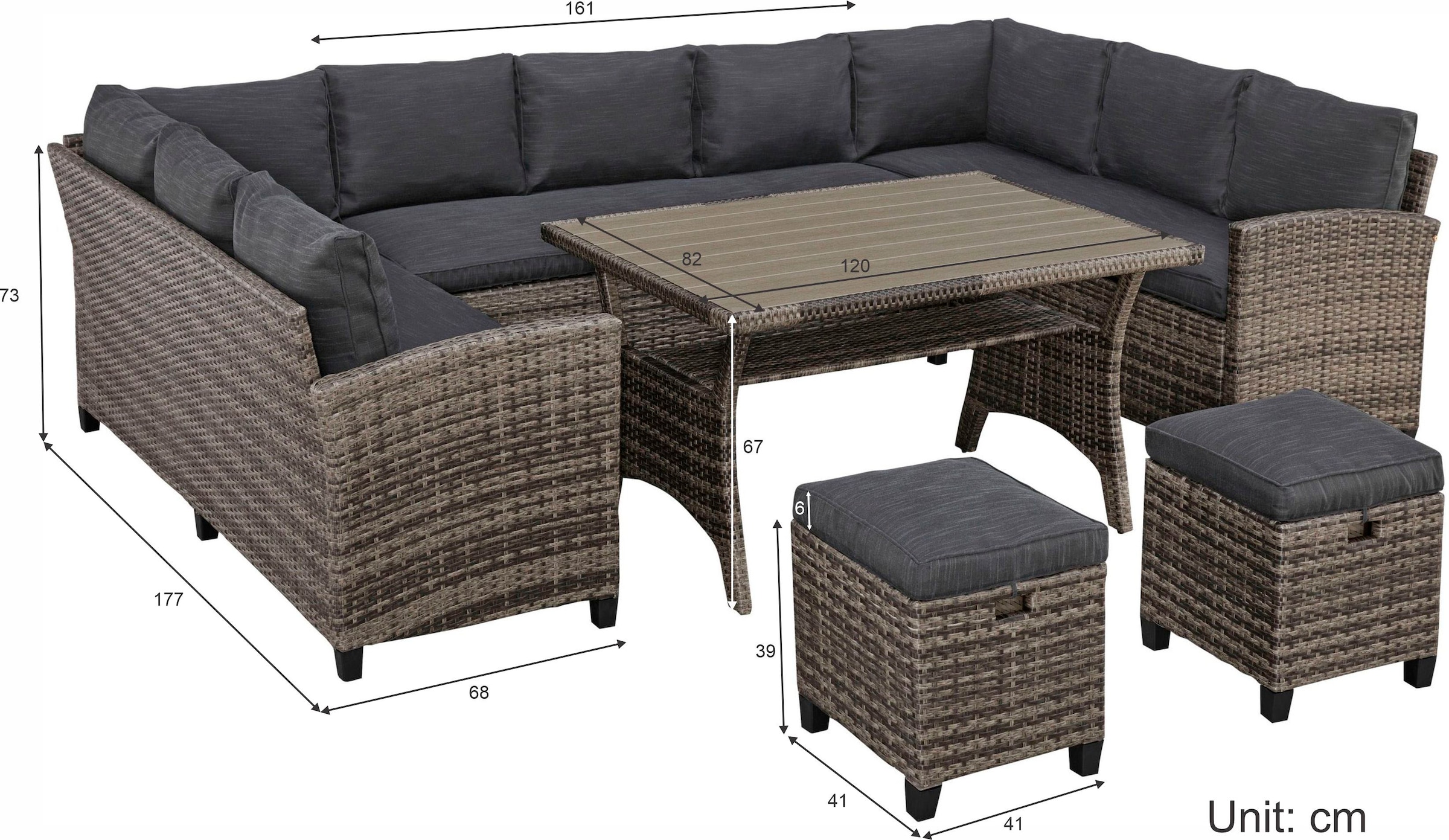 KONIFERA Gartenlounge-Set »Rotterdam«, (Set, 20 tlg., 3x 3er Sofa, 2x Hocker, 1x Tisch 120x82x67cm, inkl. Auflagen), Polyrattan, Stahl, Tischplatte aus Nonwood, Unser Dauertiefpreis