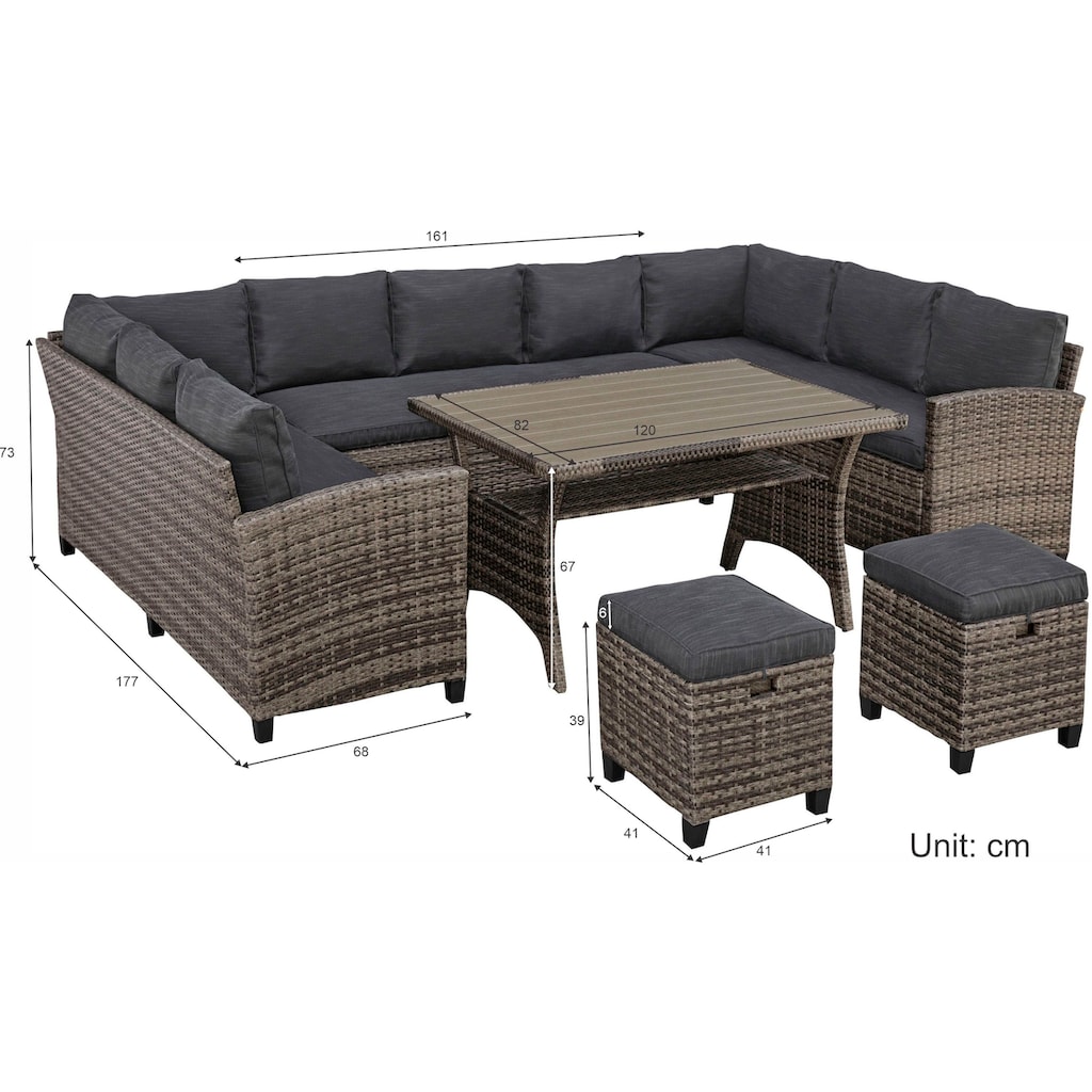 KONIFERA Gartenlounge-Set »Rotterdam«, (Set, 20 tlg., 3x 3er Sofa, 2x Hocker, 1x Tisch 120x82x67cm, inkl. Auflagen), Polyrattan, Stahl, Tischplatte aus Nonwood, Unser Dauertiefpreis