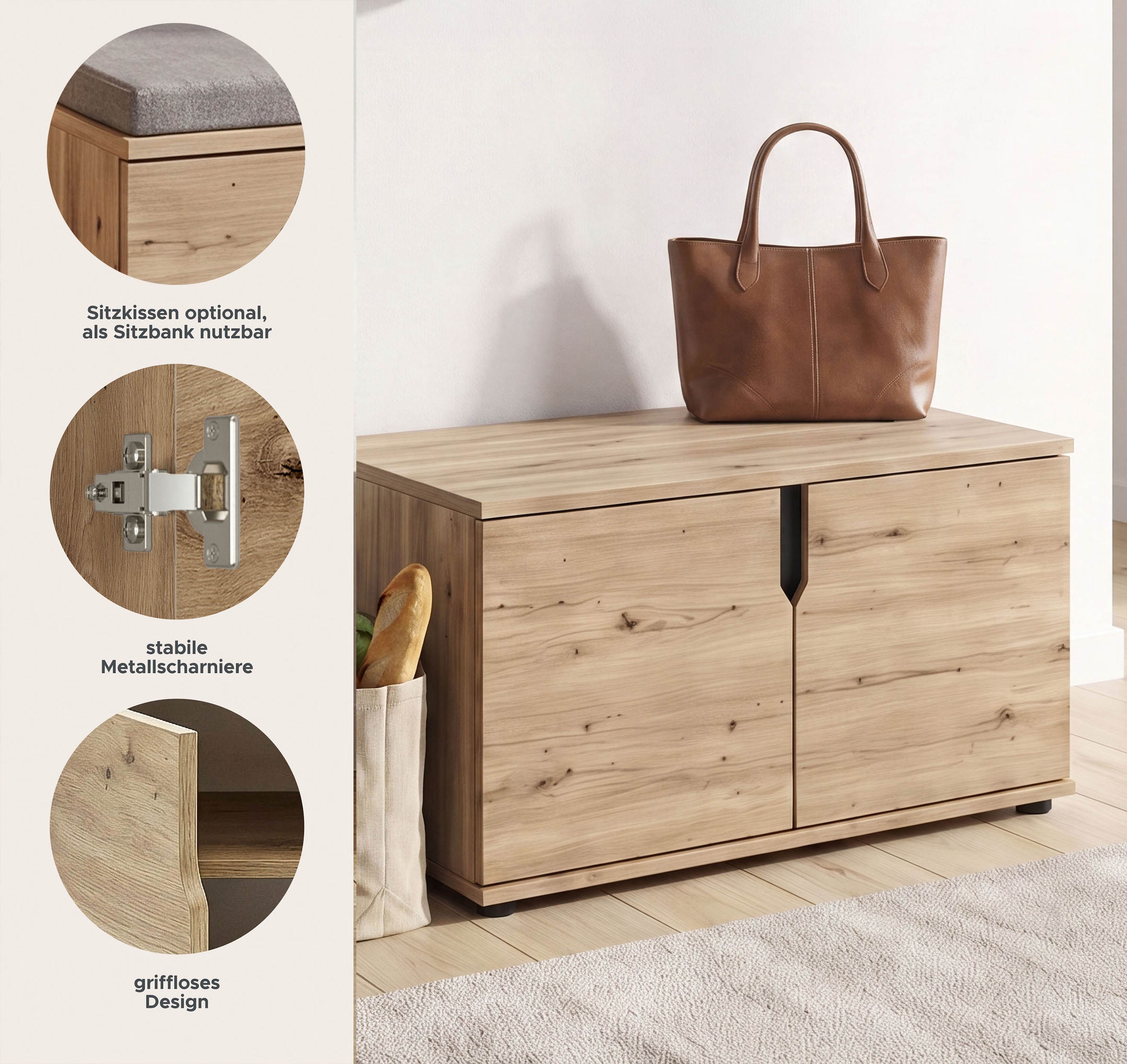 OTTO home Sitzbank »FJELL, Breite 80cm, 2 Türen, 2 Einlegeböden, 4 Fächer« Bank Truhe, Kommode, Garderobenbank, Dielenbank