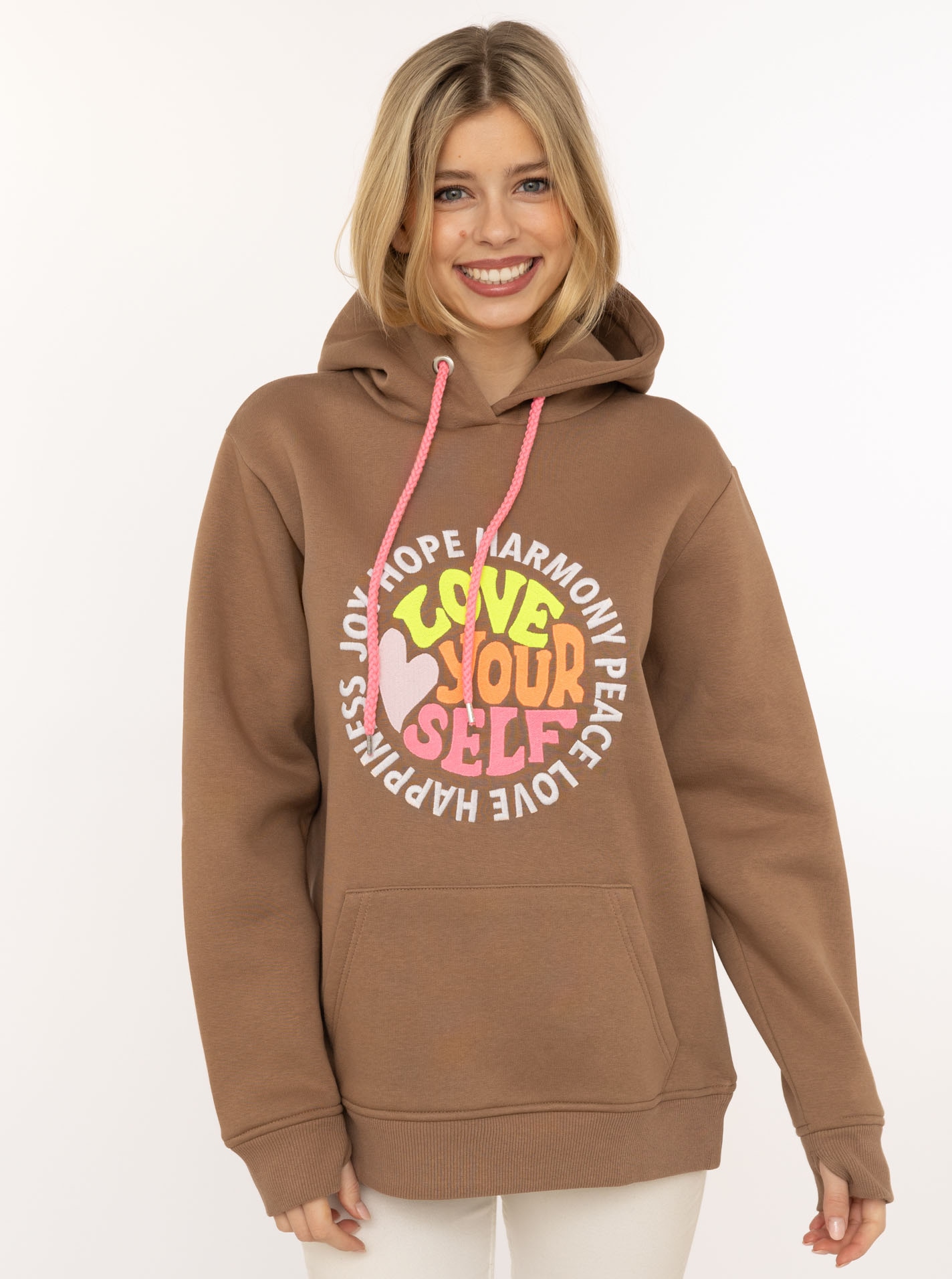 Zwillingsherz Hoodie ""Love Yourslef"", runde große Frontstickerei, farbige günstig online kaufen