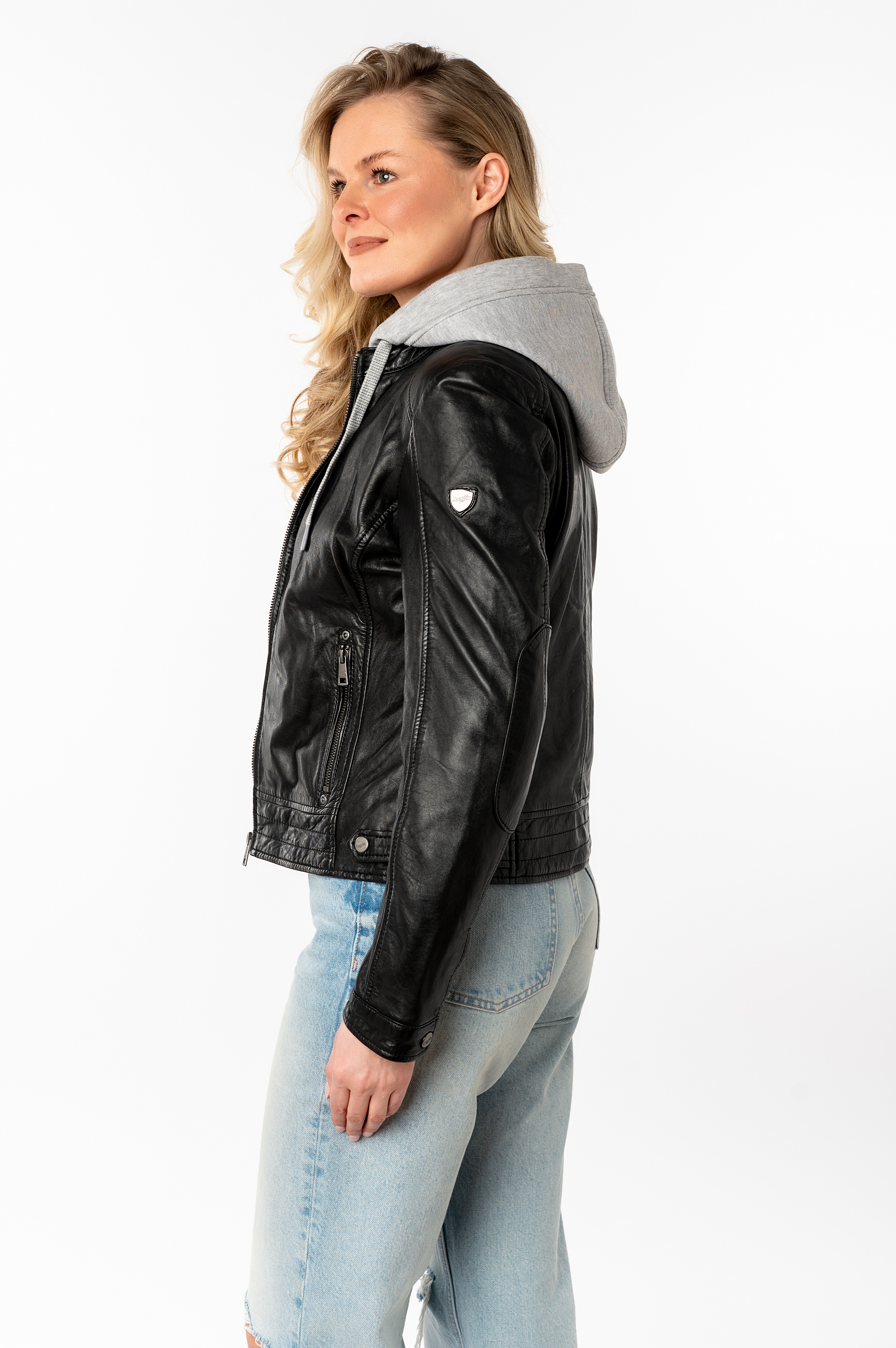 Thumbnail - Mauritius Lederjacke "MWAleni" mit Kapuze mit Jerseykapuze und Stehkragen