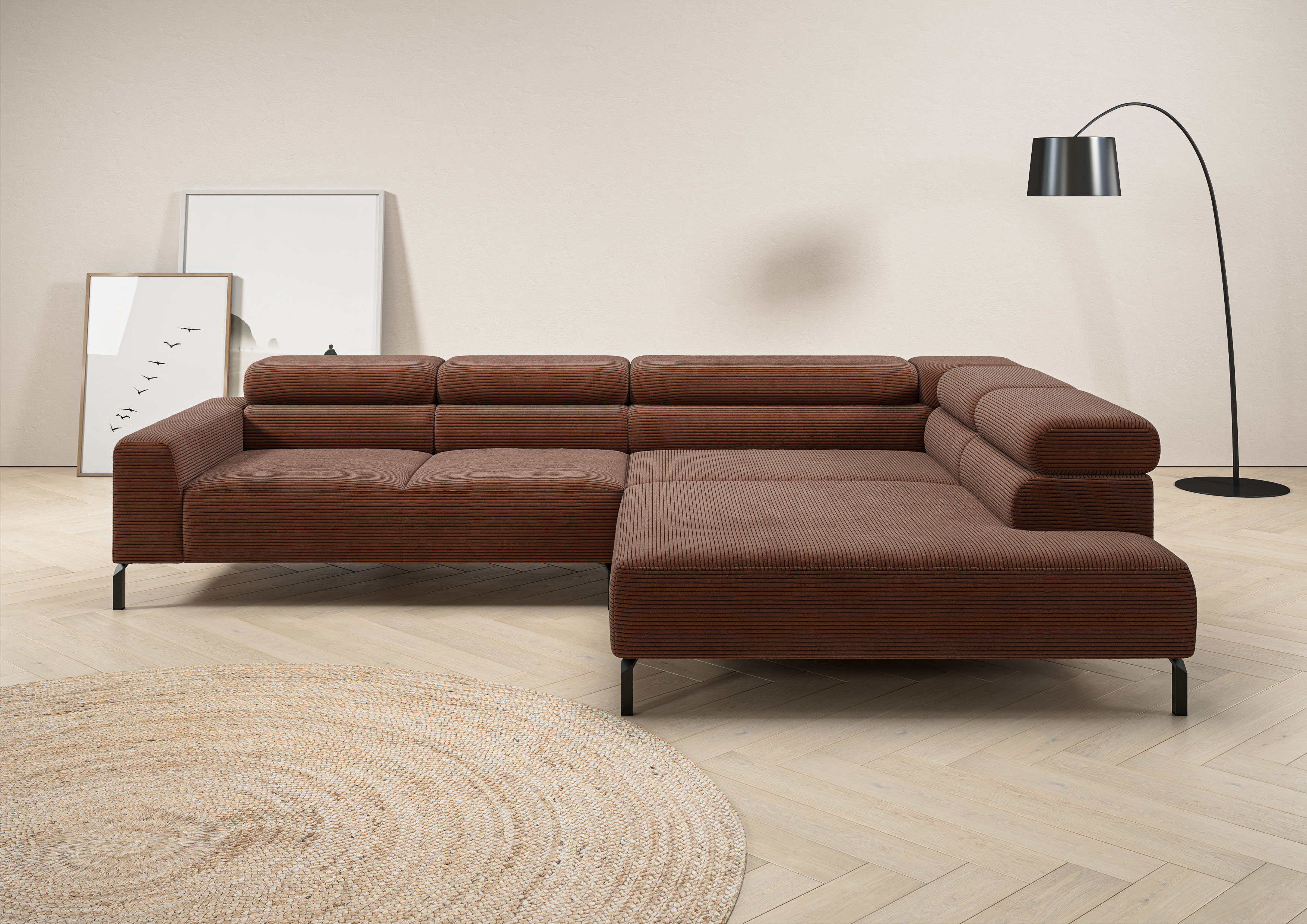 Home affaire Ecksofa "Antonelli, L-Form, incl. Kopfteilverstellung, Breite 312 cm" mit elektrischer Sitztiefenverstellung, in Cord, rost