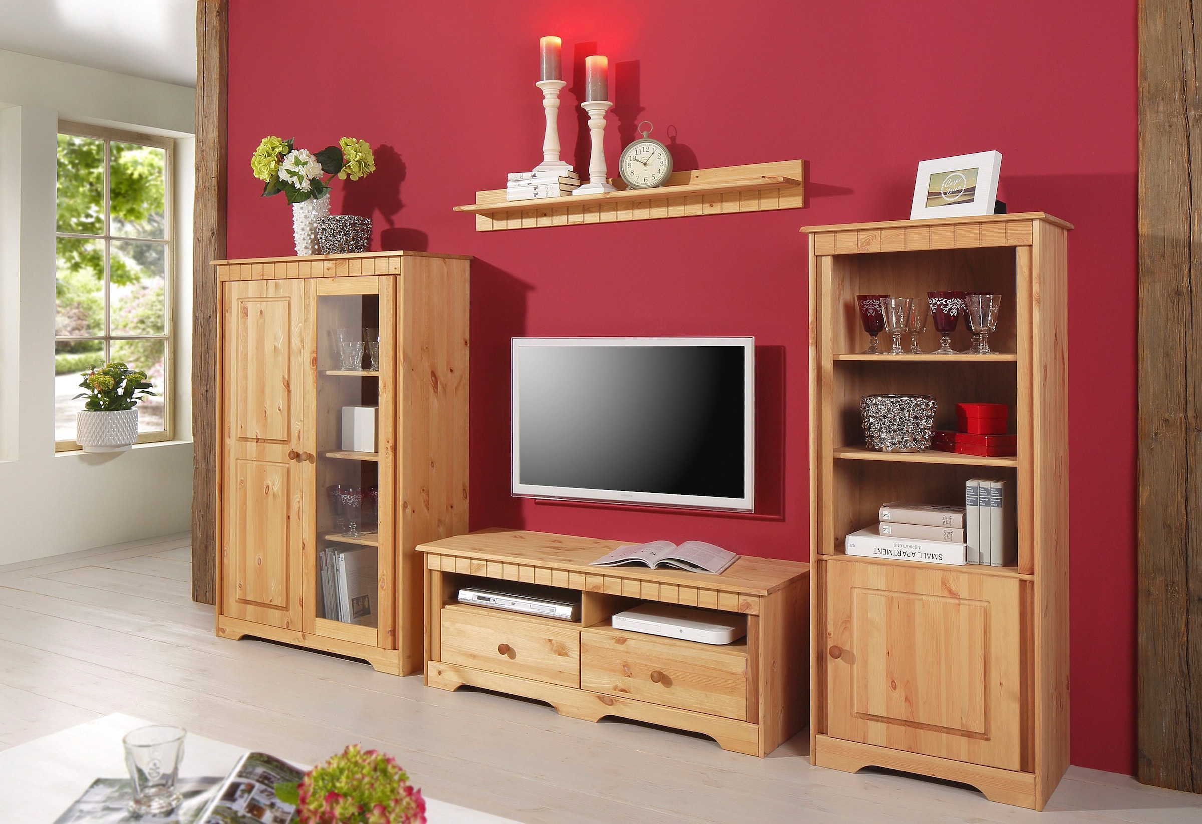Home affaire Highboard »Pöhl«, Breite 95 cm, Höhe 140 cm, mit 1 Glastür, 3 breite Einlegeböden
