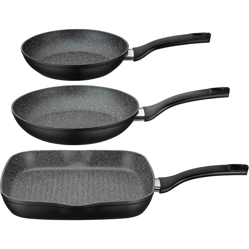 GSW Pfannen-Set »Gourmet Granit«, Aluminium, (Set, 4 tlg., 1x Bratpfanne Ø 20 cm, 1x Bratpfanne Ø 24 cm, 1x Grillpfanne Ø 28 cm)