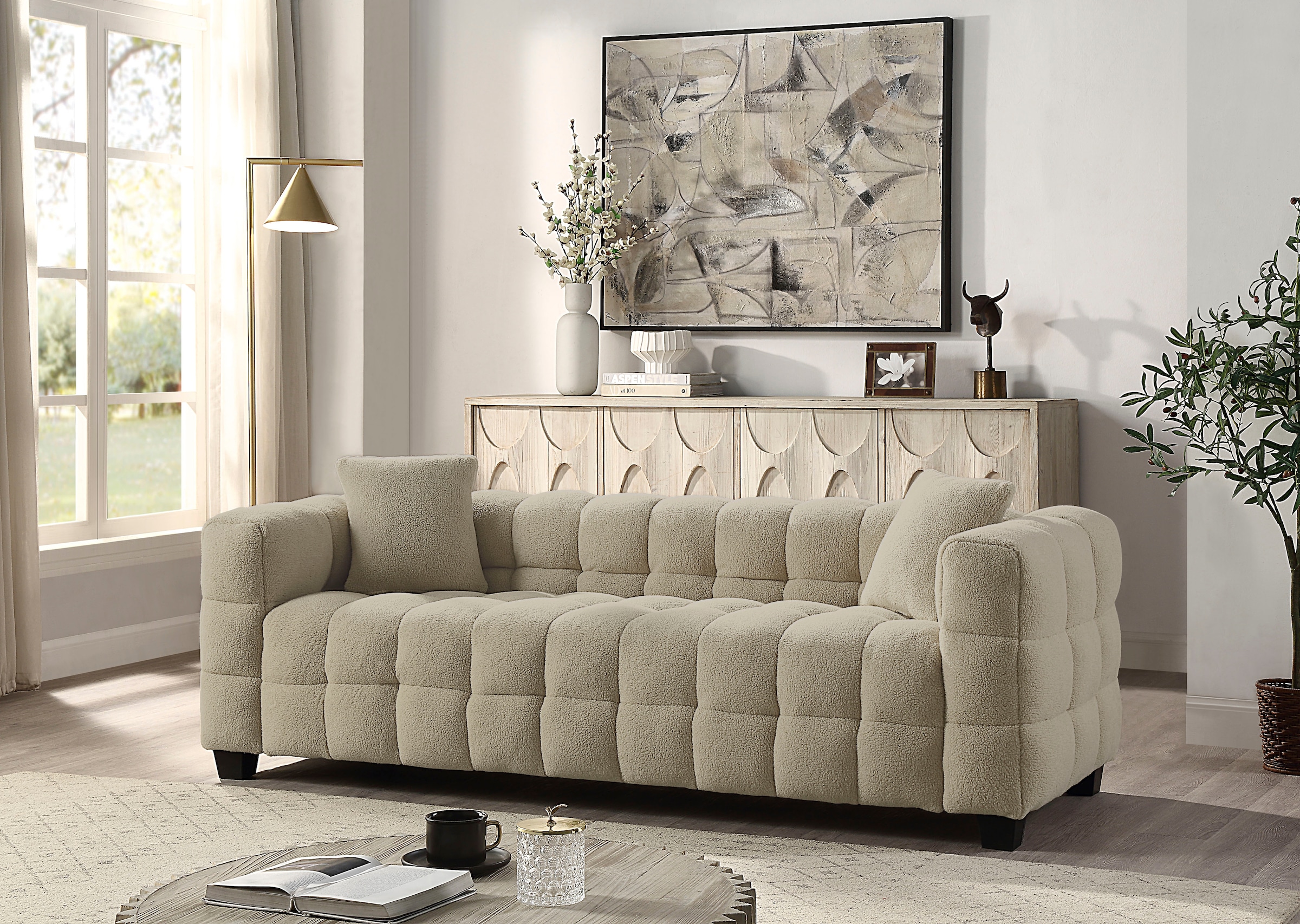 ATLANTIC home collection 3-Sitzer "Stella Design-Sofa mit Steppung, Bubble-Optik, B: 206cm" inkl. 2 Zierkissen und mit modernem Teddy Stoff