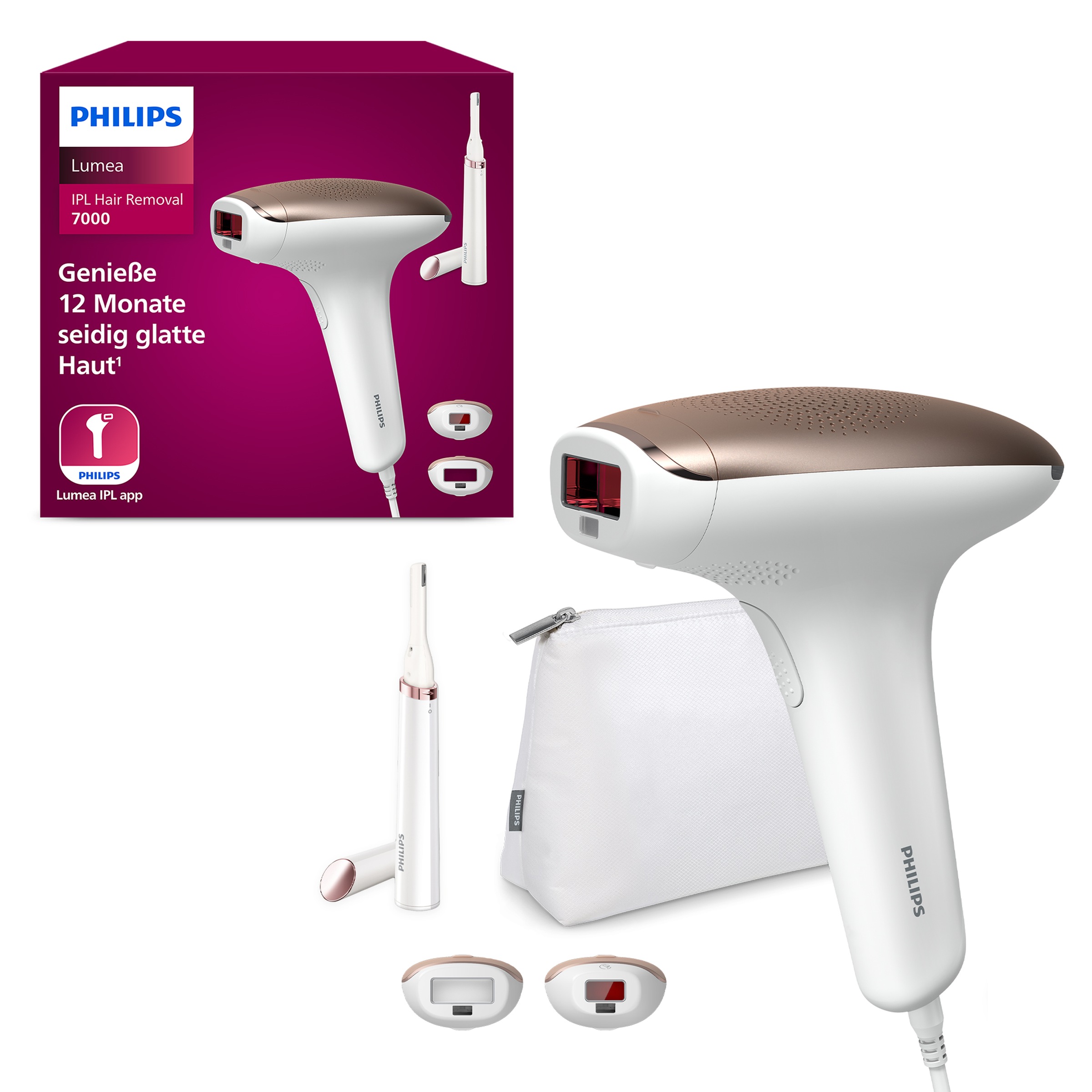 PHILIPS Damen IPL-Haarentferner "Lumea S7000 BRI921/00", rosa, Kunststoff, IPL-Haarentferner, 2 Aufsätze (Körper und Gesicht), inkl. Präzisionstrimmer