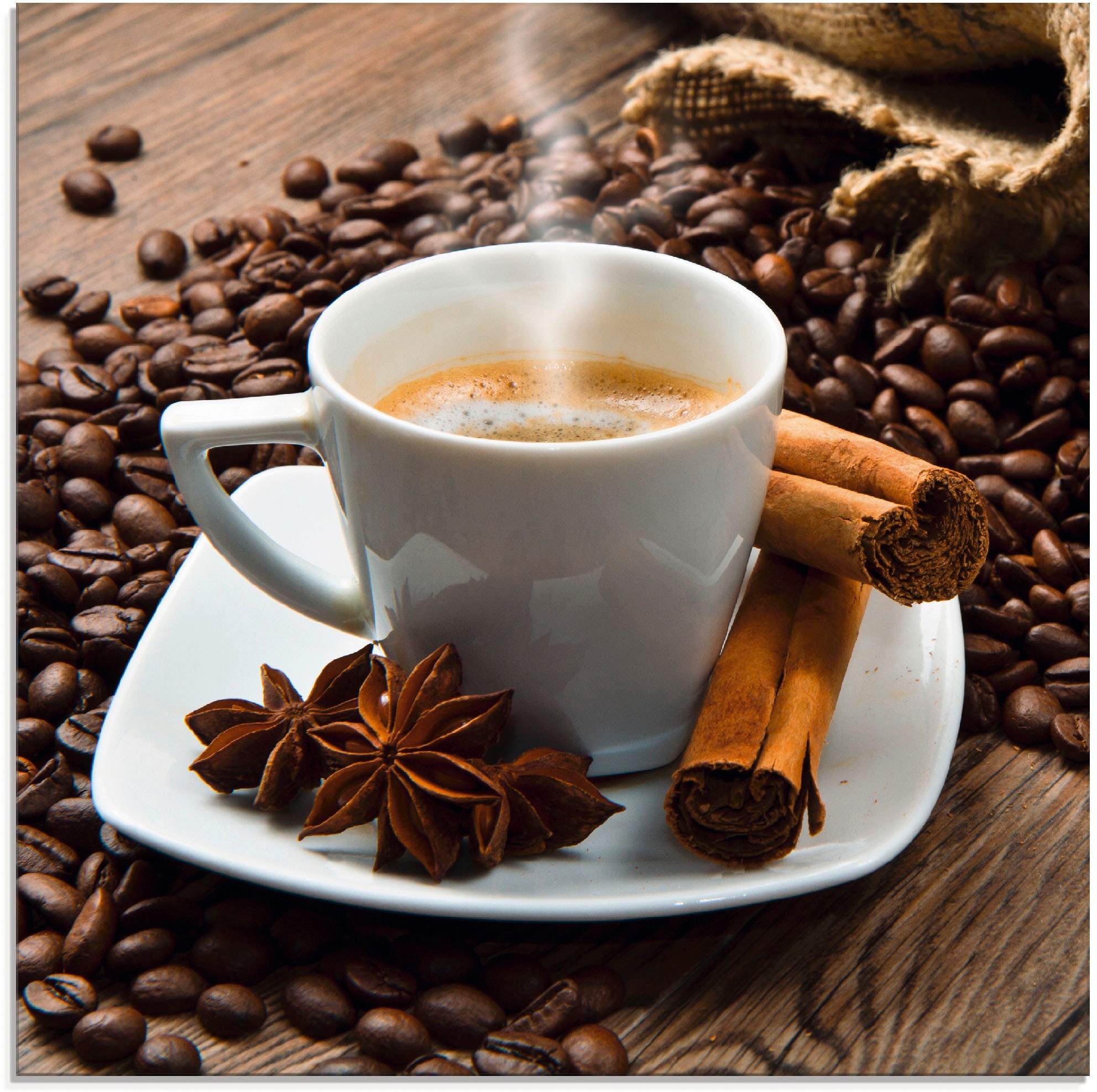 ARTLAND Kaffeetasse Leinensack mit Kaffeebohnen Glass Picture Brown 40x40cm