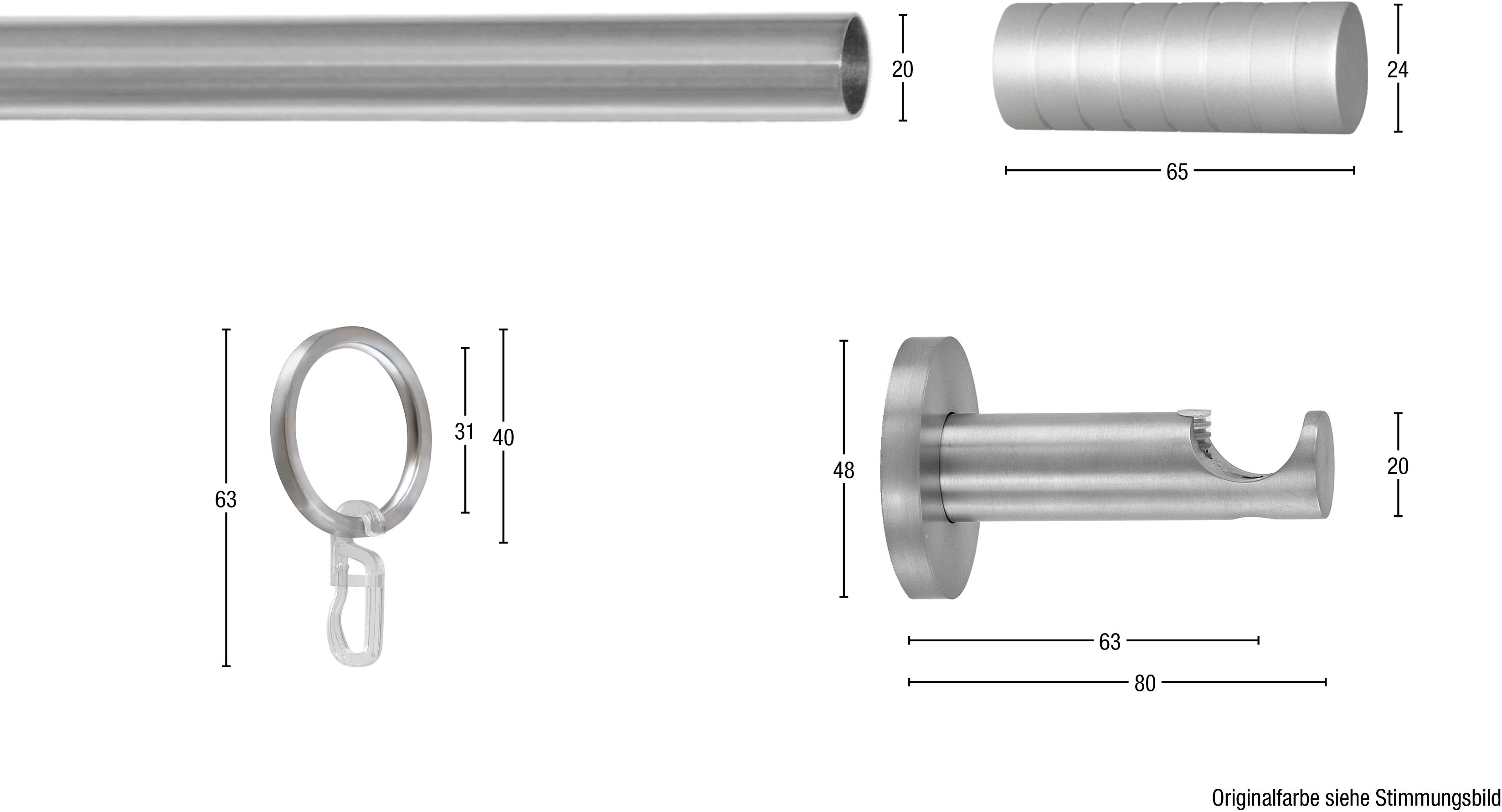 Thumbnail - GARESA Gardinenstange "EASY" Ø 20 mm 1 läufig-läufig Wunschmaßlänge Vorhanggarnitur, verlängerbar, Endk. M. Streifen, Al...